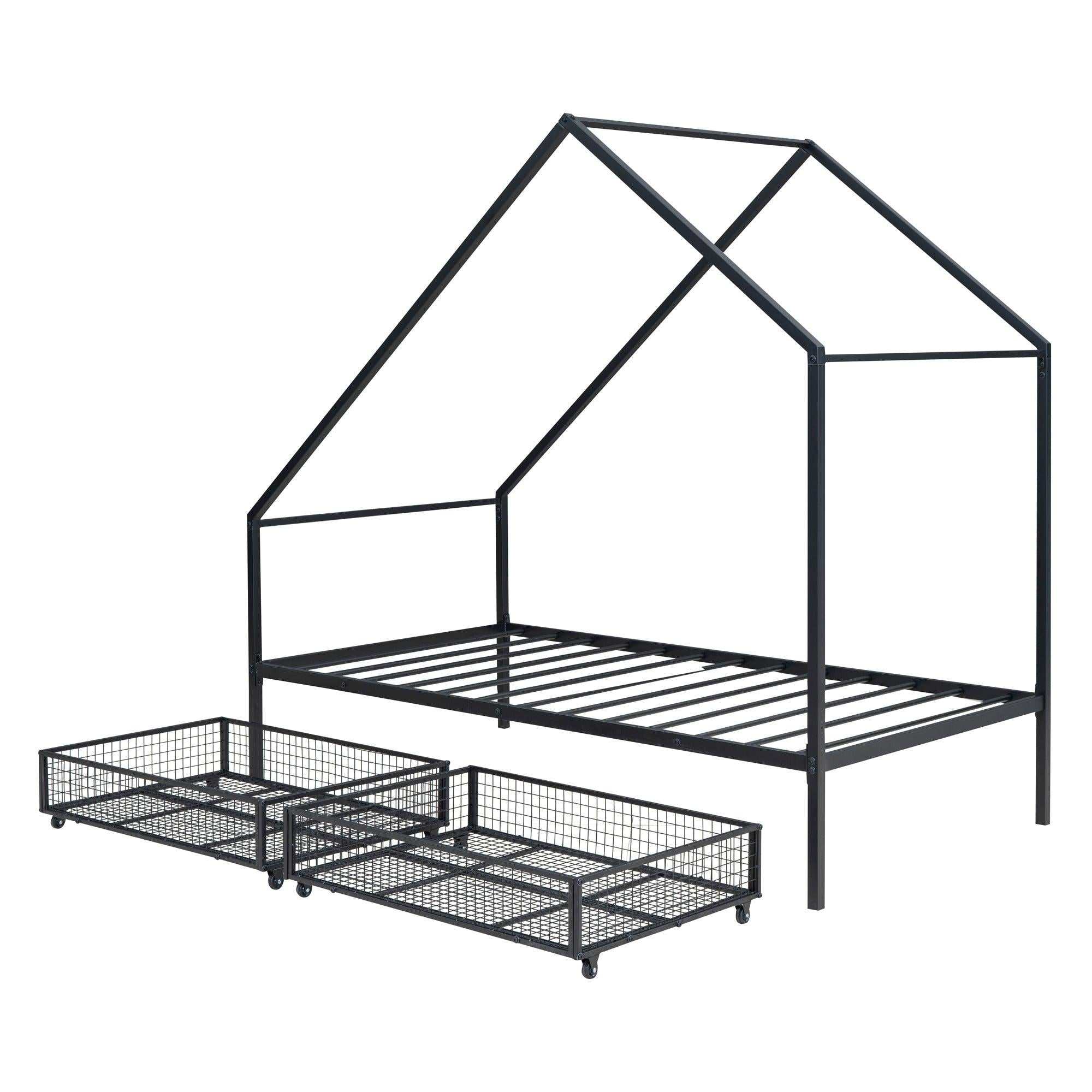 Twin Size Metal House Bed with TwoStorage Drawers, Black