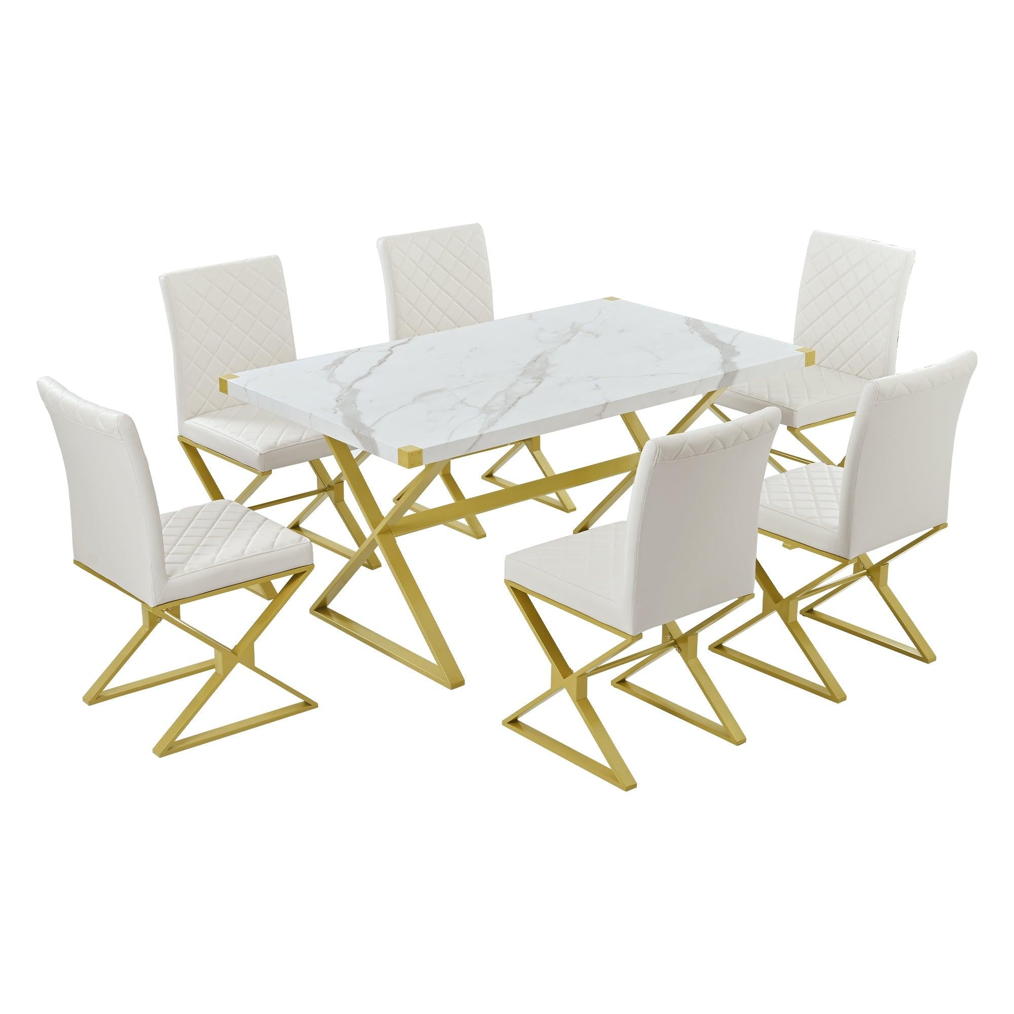 7-PieceModern Dining Table Set, Rectangular Marble Texture Kitchen Table and 6 PU leather Chairs with X-Shaped Gold Steel Pipe Legs for Dining Room (White)