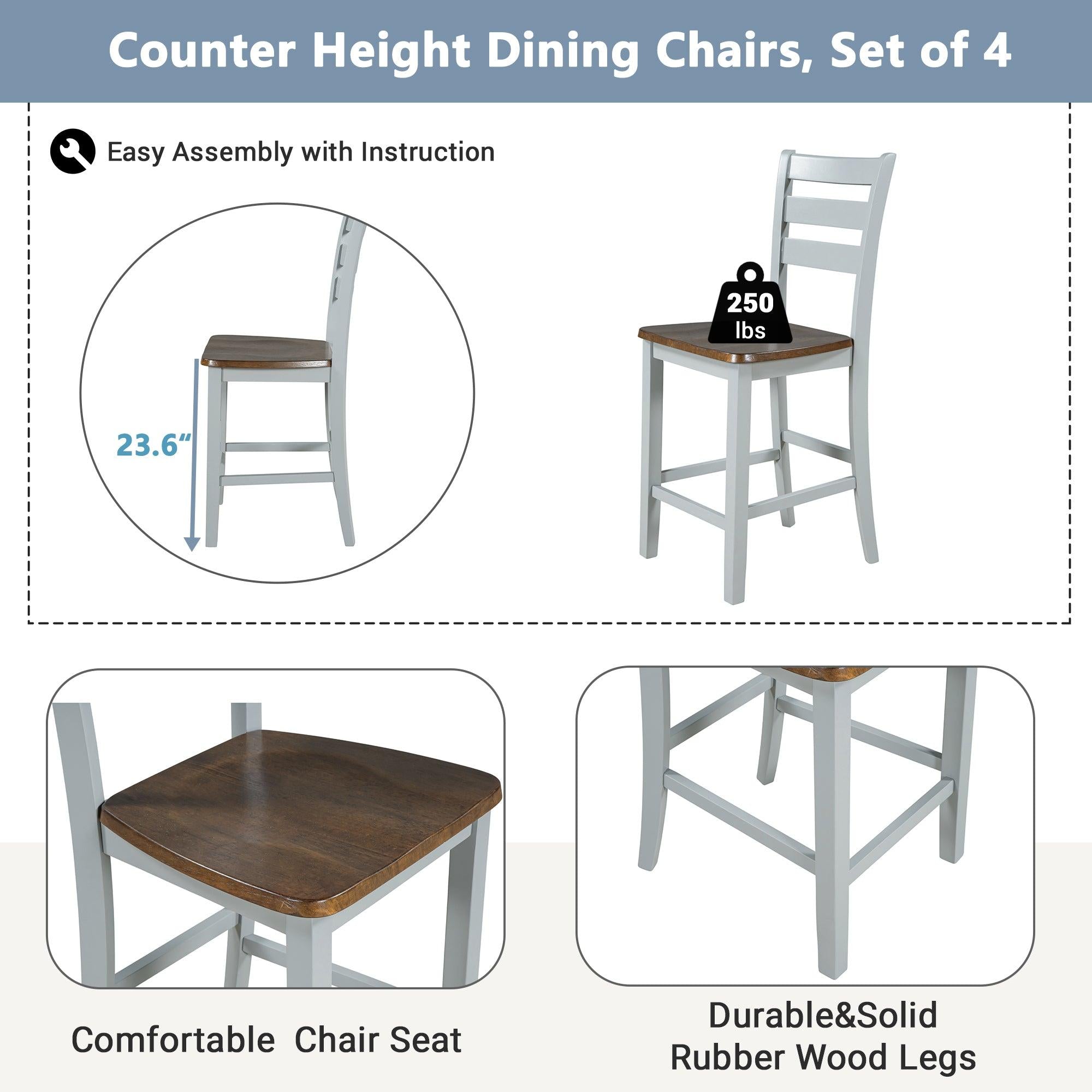 Farmhouse Wood Counter Height 5-Piece Dining Table Set with Drop Leaf, Kitchen Set with Wine Rack and Drawers for Small Places,  Cherry+Gray