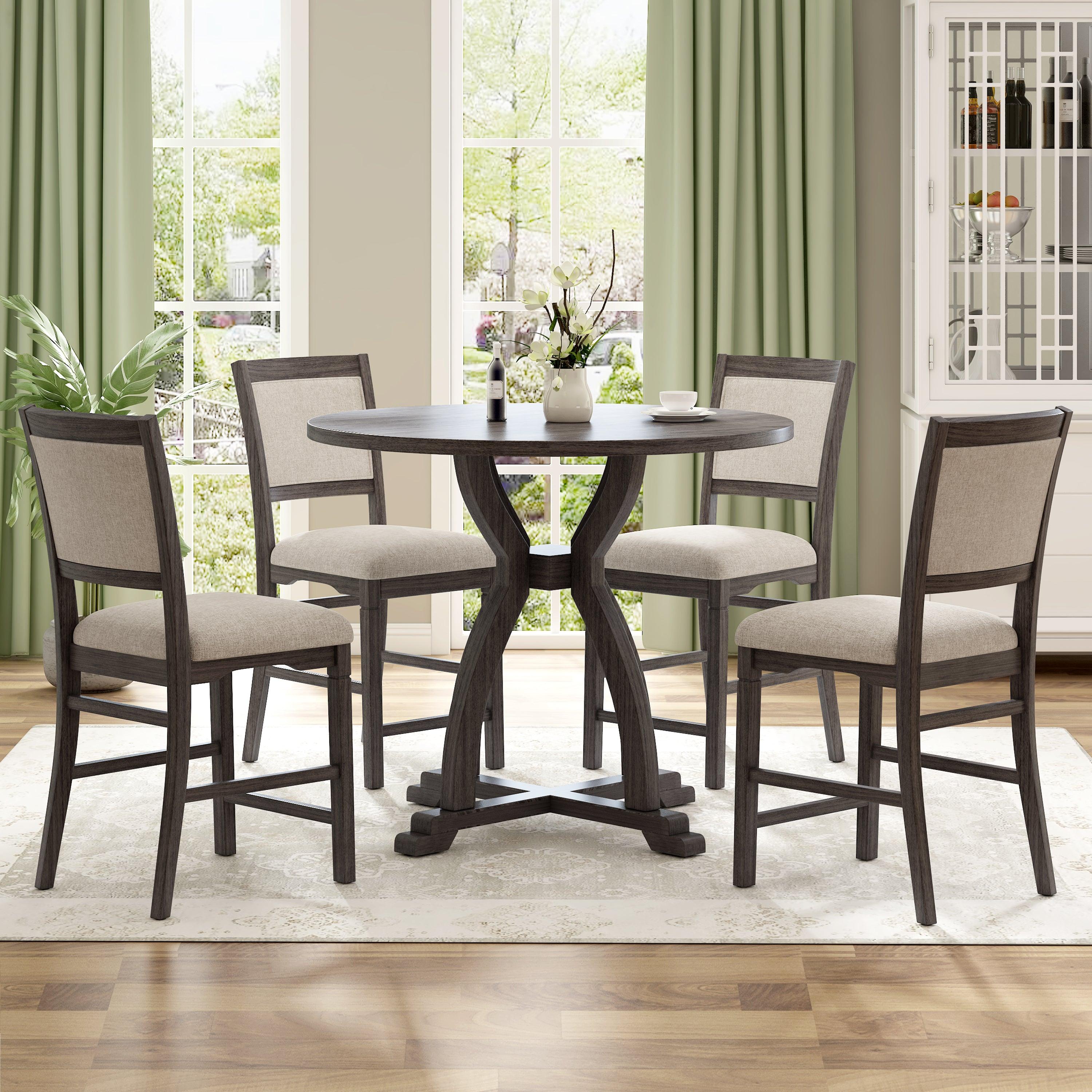 Farmhouse 5-Piece Round Dining Table Set with Trestle Legs and 4 Upholstered Dining Chairs for Small Place, Gray image