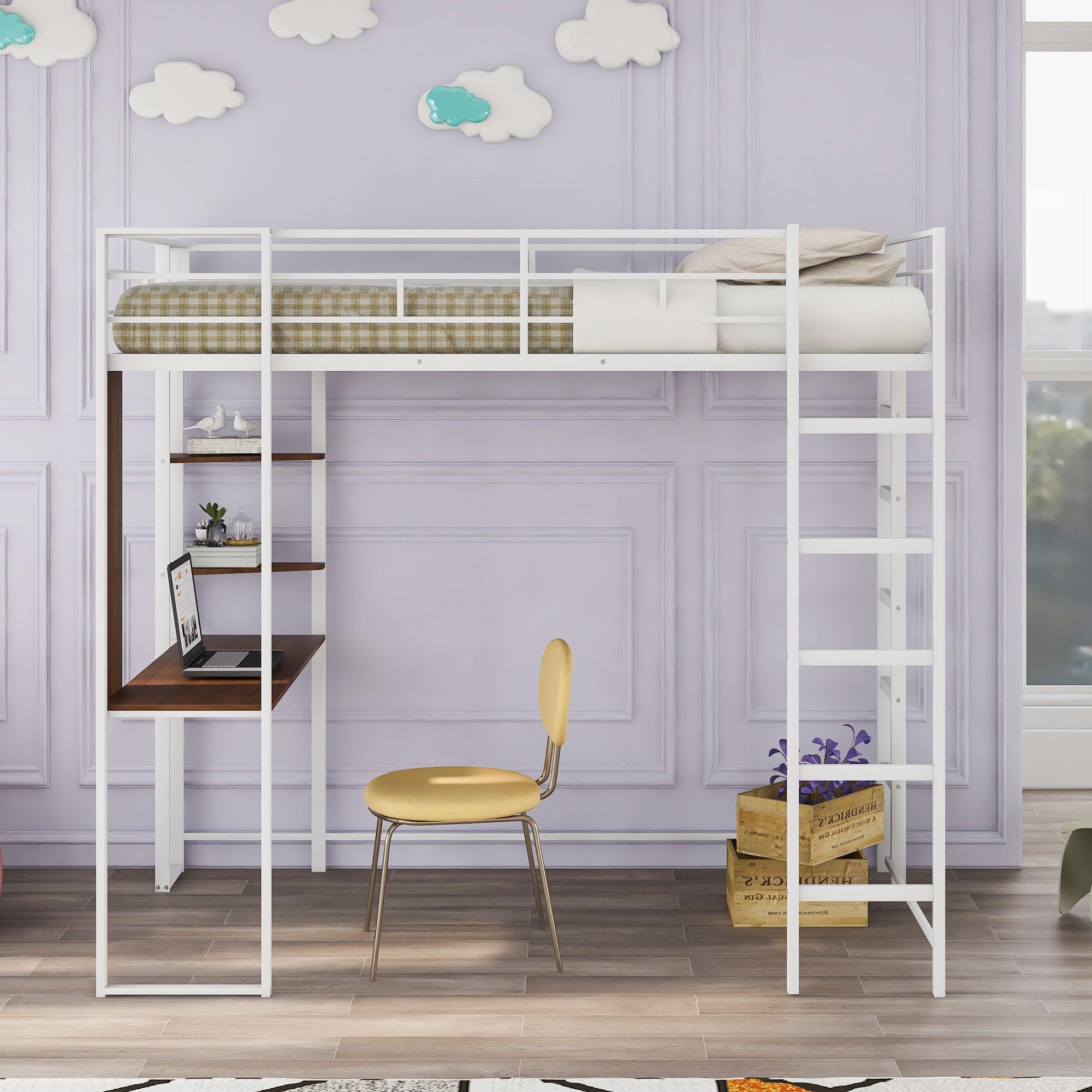 Twin Metal Loft Bed with 2 Shelves and one Desk ,WHITE