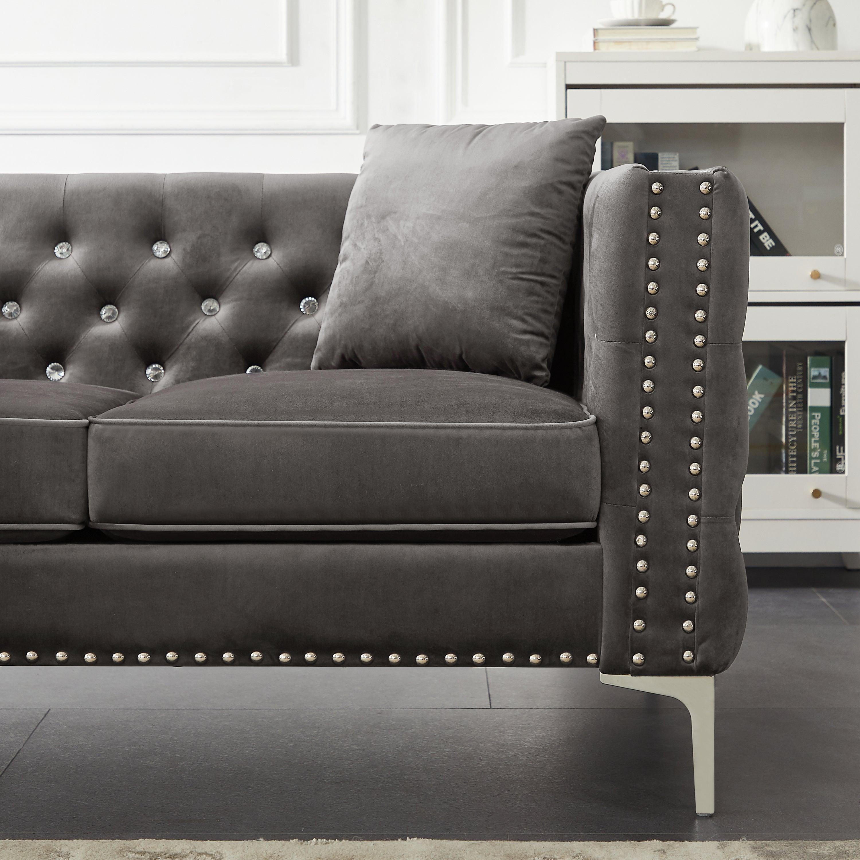 82.3" WidthModern Velvet Sofa Jeweled Buttons Tufted Square Arm Couch Grey,2 Pillows Included