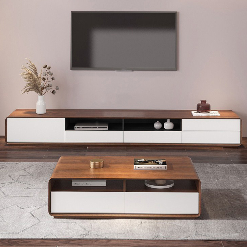 Modern Wood White TV Stand, Lowline Media Console with 4 Drawers, OpenStorage Cabinet, Walnut Veneer, Fully-assembled, 78"