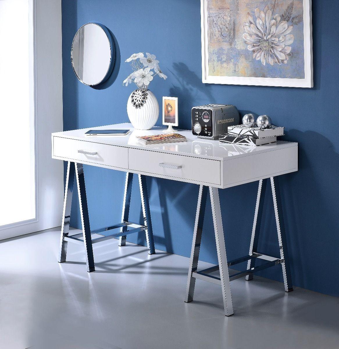 ACME Coleen Built-in USB Port Writing Desk, White High Gloss & Chrome Finish 93047 image