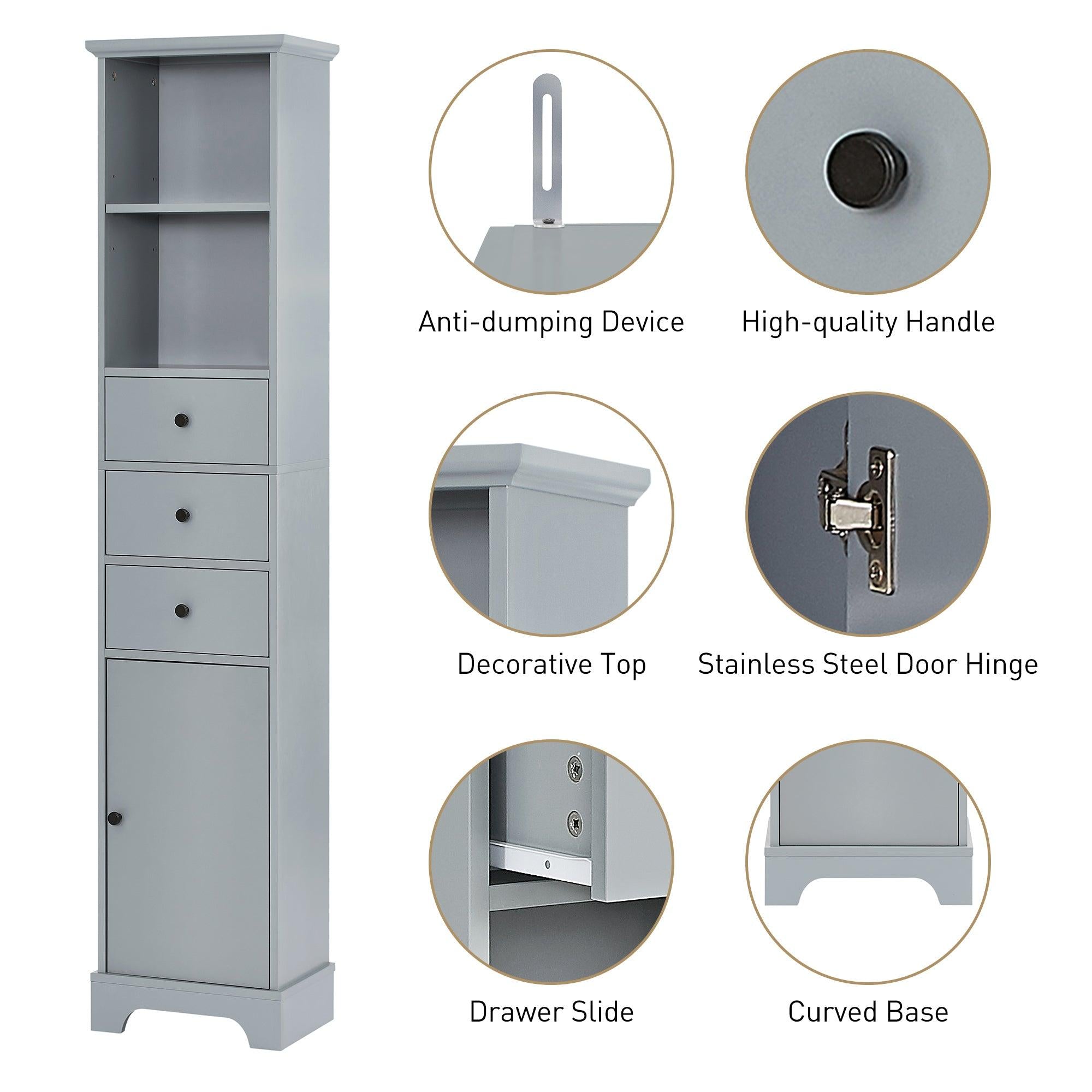 Grey Tall Bathroom Cabinet, FreestandingStorage Cabinet with 3 Drawers and Adjustable Shelf, MDF Board with Painted Finish