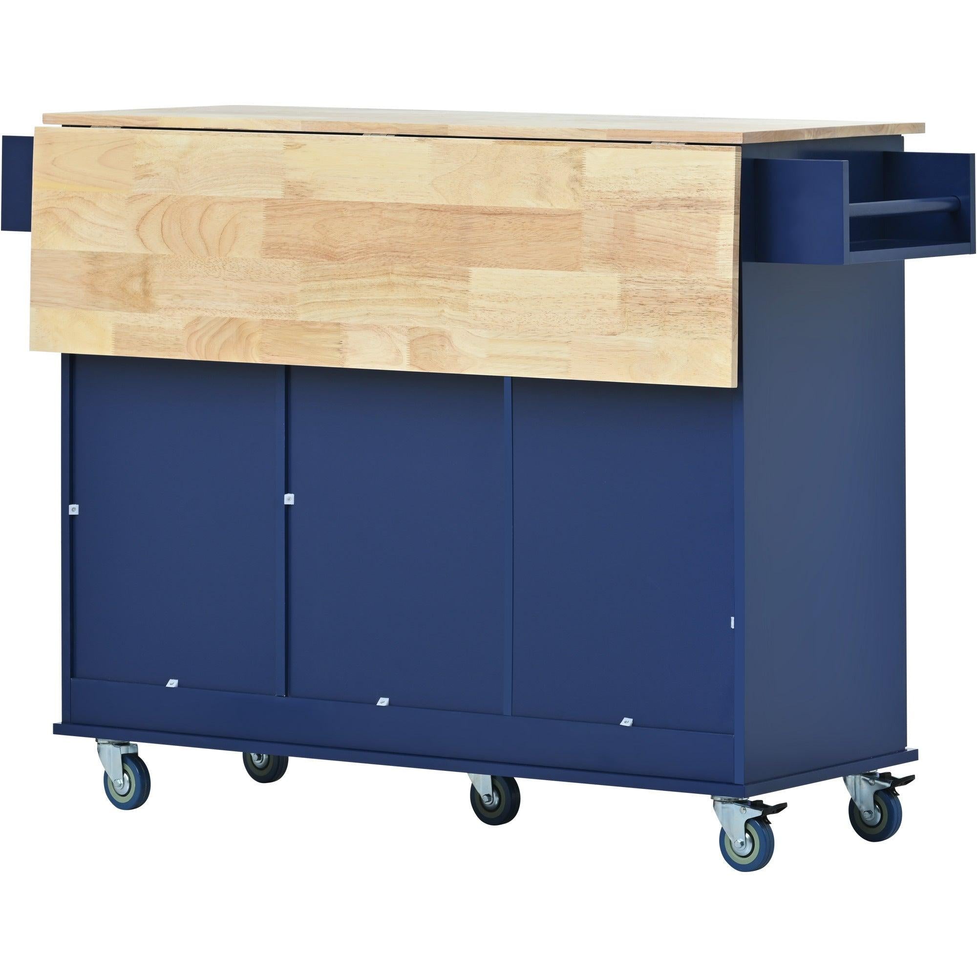 Rolling Mobile Kitchen Island with Drop Leaf - Solid Wood Top, Locking Wheels &Storage Cabinet 52.7 Inch Width（Dark blue）