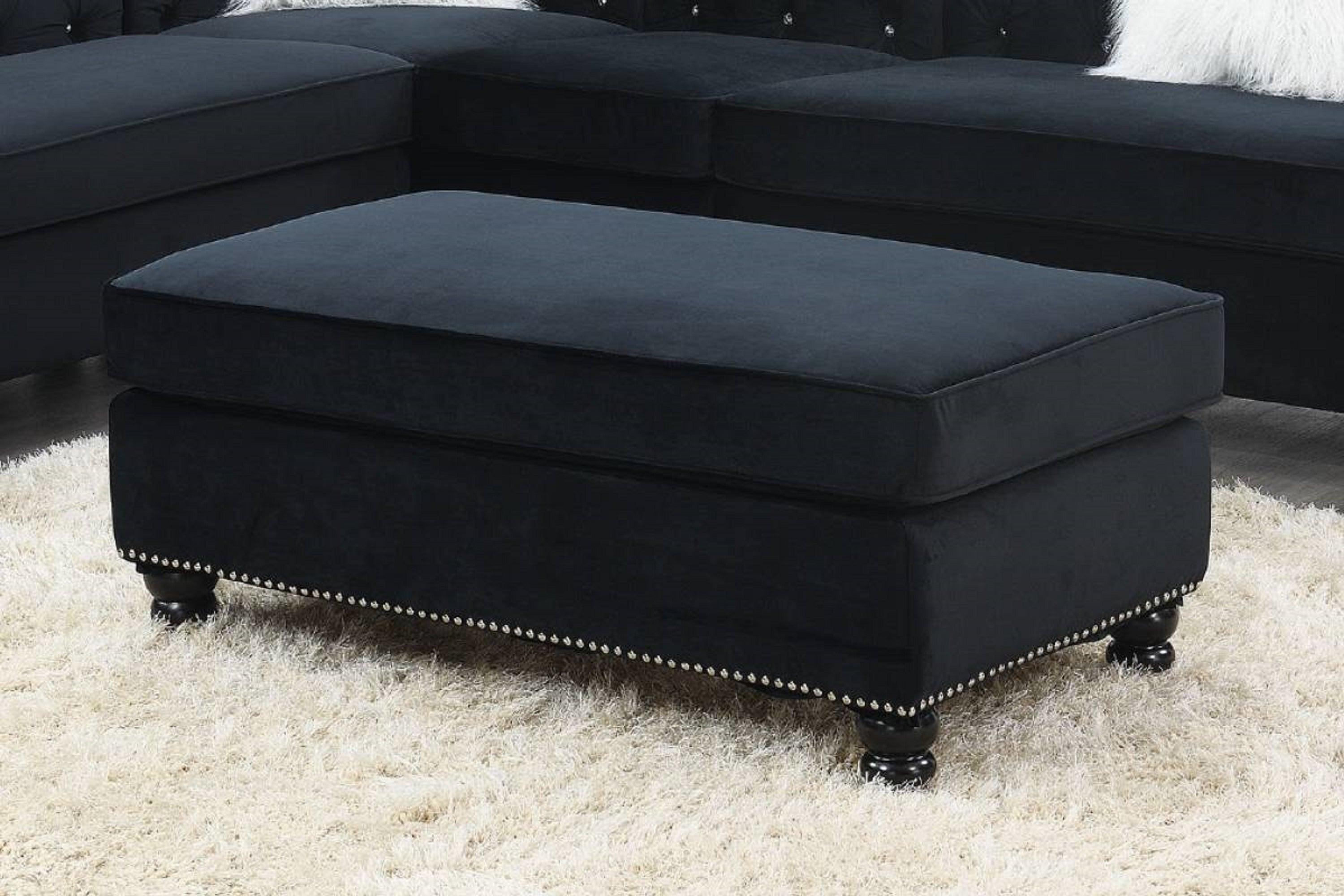 Living Room XL- Cocktail Ottoman Black Velvet Accent Studding Trim Wooden Legs image