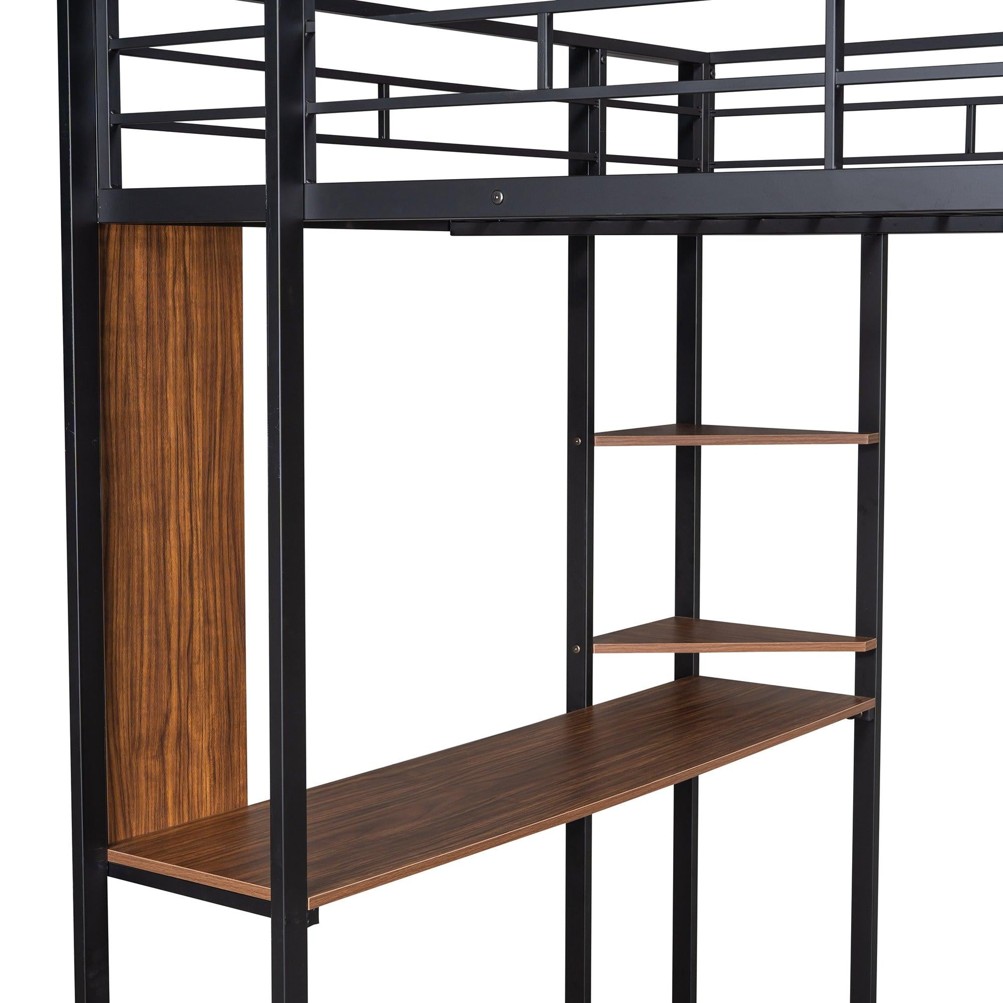 Full Size Metal Loft Bed with 2 Shelves and one Desk ,Black