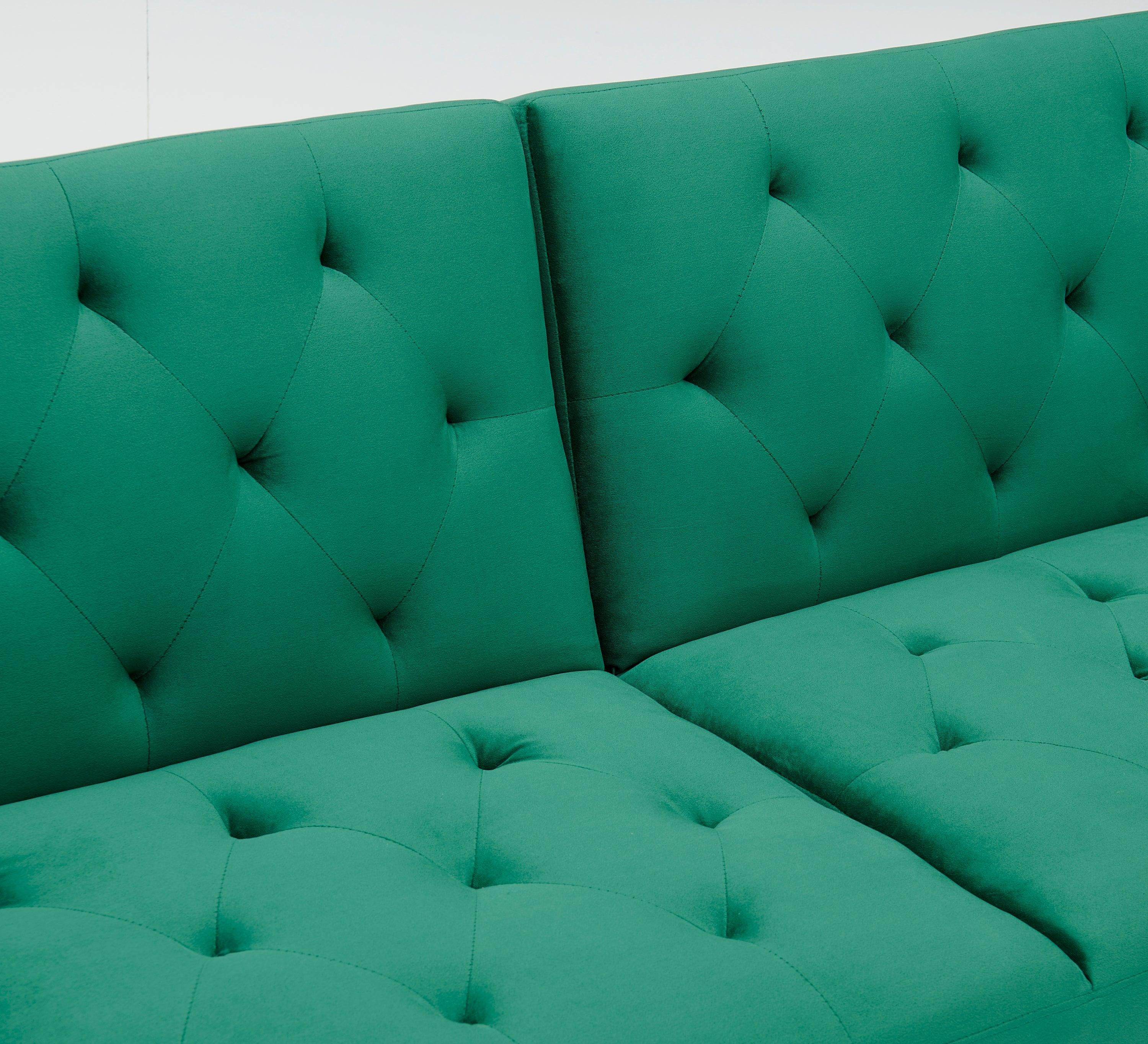 Green velvet nail head sofa bed with throw pillow and midfoot