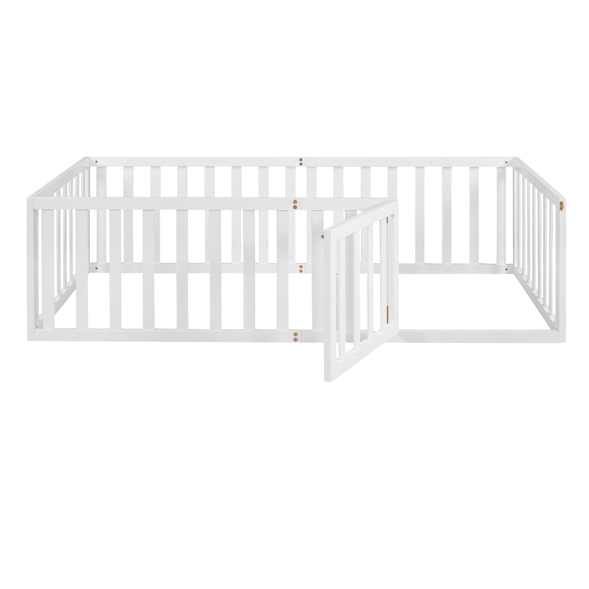 Twin Size Wood Floor Bed Frame with Fence and Door, White