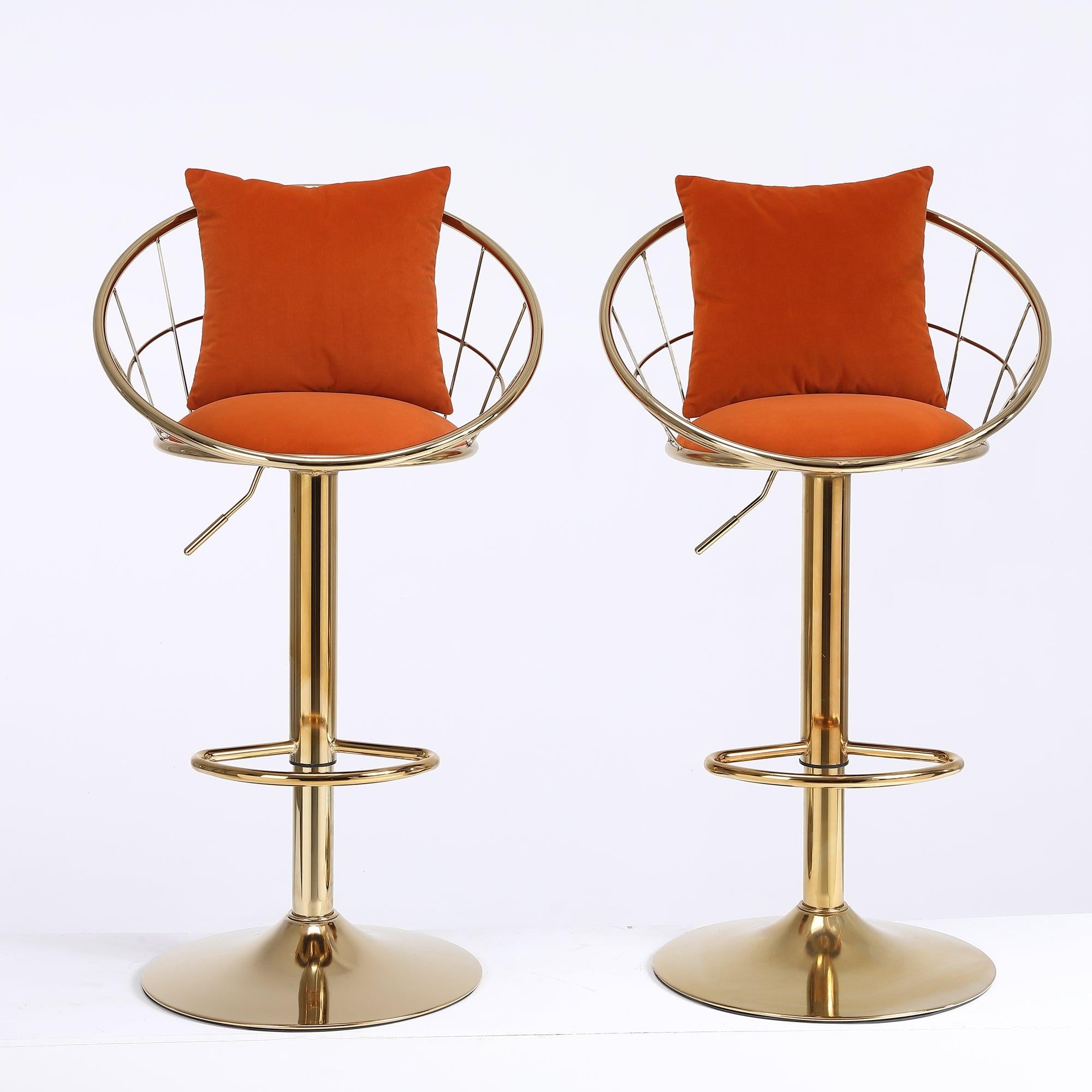 Orange velvet bar chair, pure gold plated, unique design，360 degree rotation, adjustable height，Suitable for dinning room and bar，set of 2