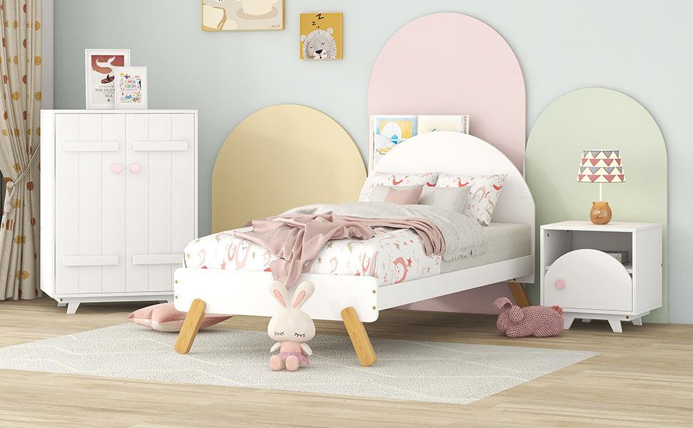 3-Pieces Bedroom Sets Twin Size Platform Bed with Nightstand and Wardrobe,White+Pink