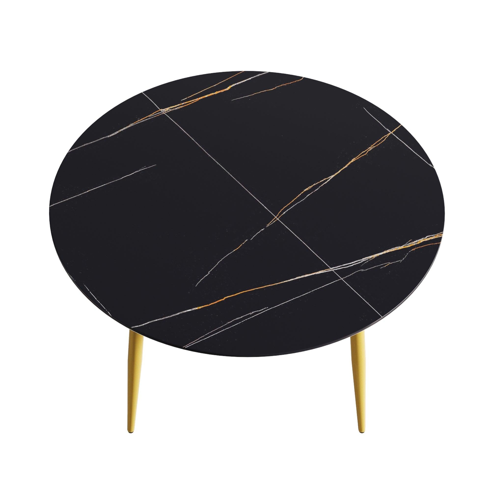 53.15 "Modern artificial stone black round dining table with golden metal legs-can accommodate 6 people.