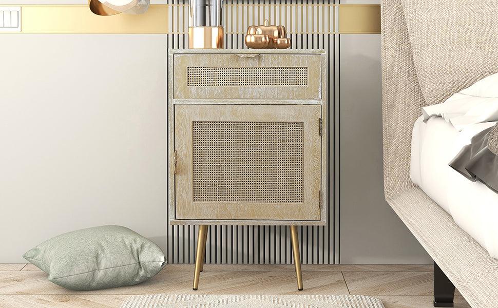 Wooden Nightstand with Rattan Panel,One Drawer ,One Cabinet and Metal Feet  Bedside Table (Natural)