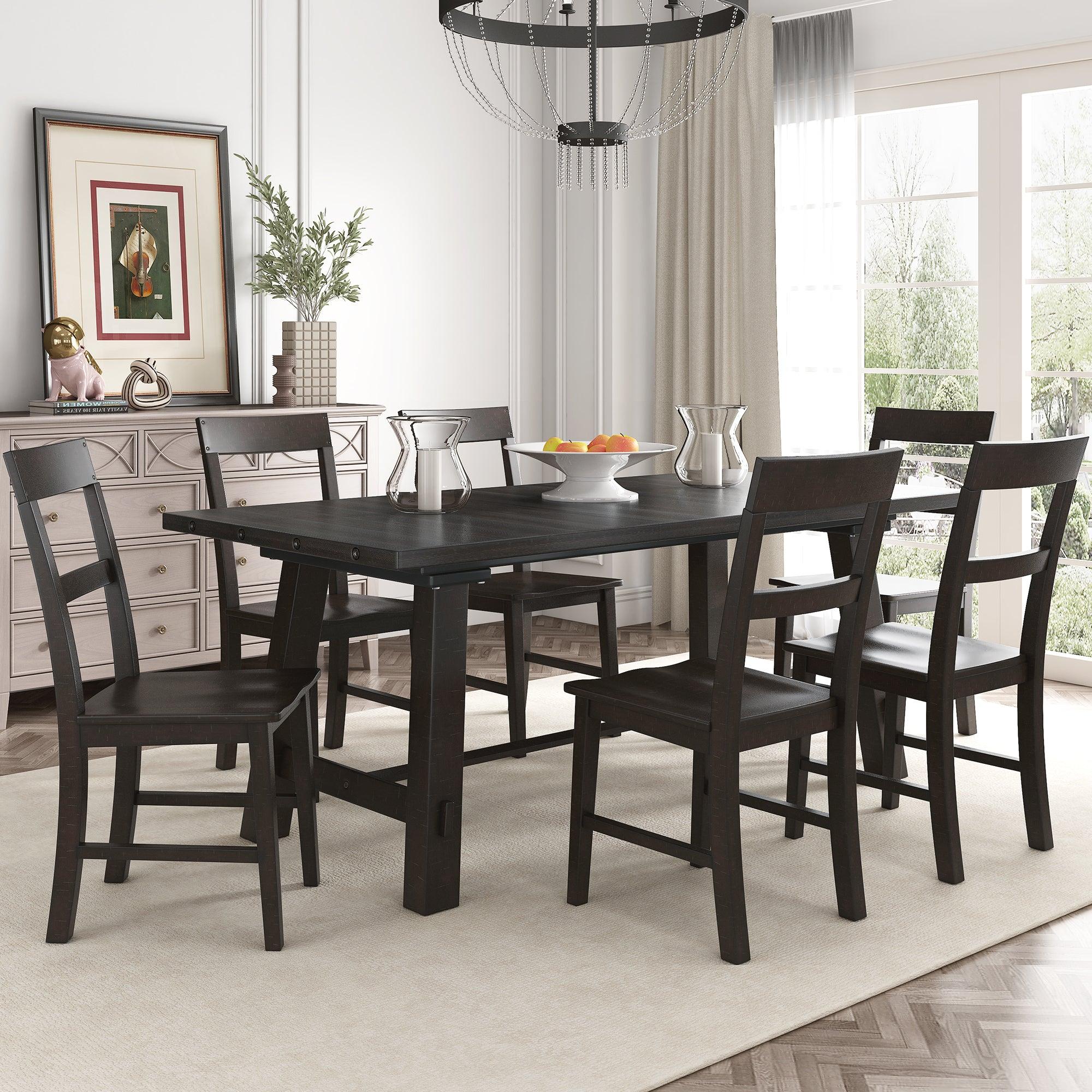 Retro Industrial Style 7-Piece Dining Table Set Extendable Table with 18” Leaf and Six Wood Chairs 
(Espresso)