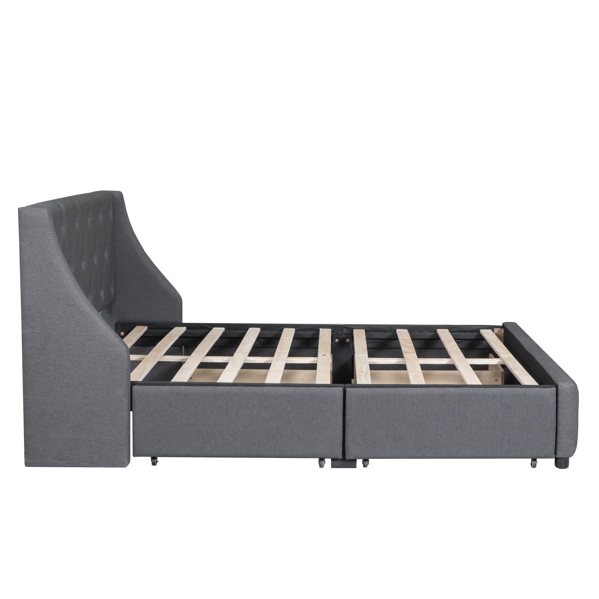 Upholstered Platform Bed with Wingback Tufted Headboard and 4 Drawers, No Box Spring Needed, Linen Fabric, Queen Size Gray