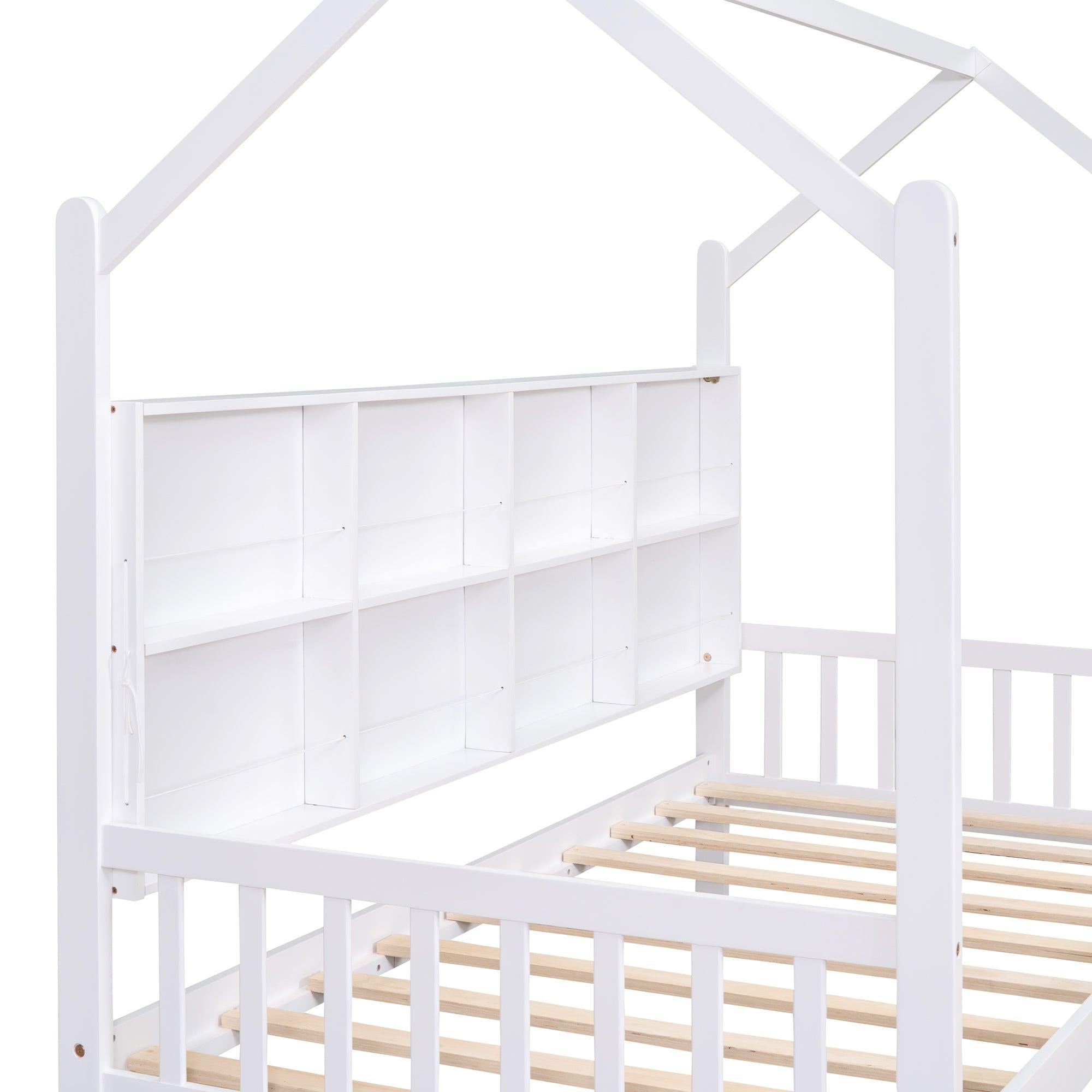 Wooden Twin Size House Bed with 2 Drawers,Kids Bed withStorage Shelf, White