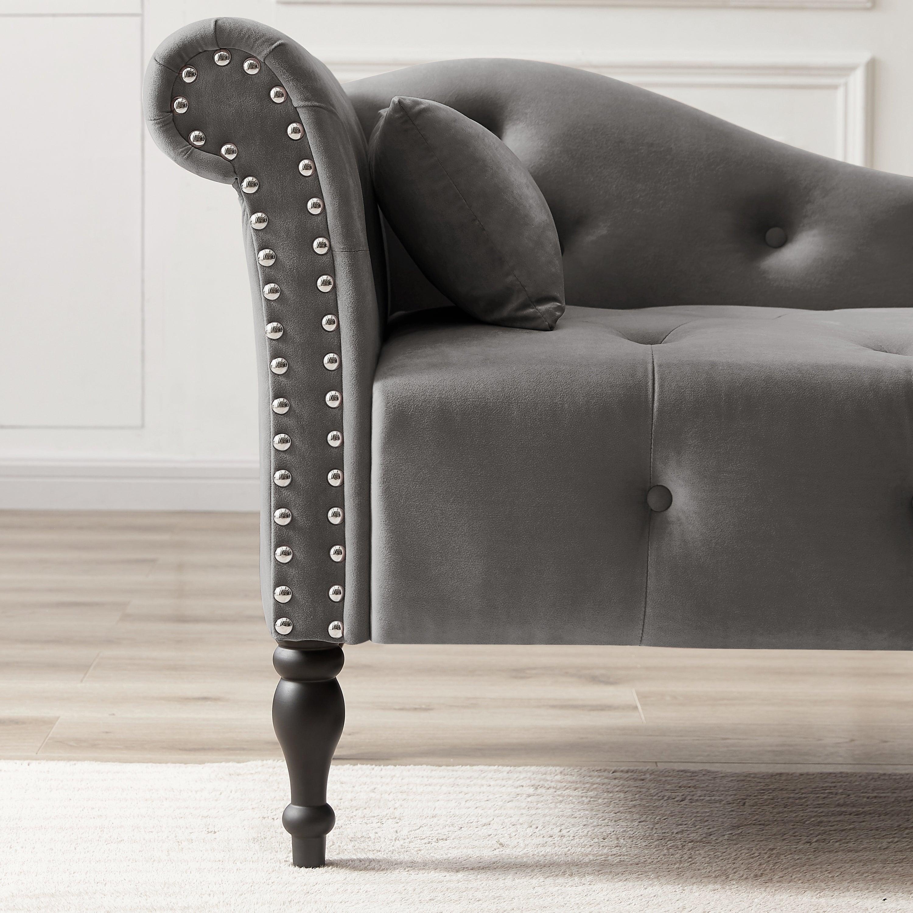 60.6" Velvet Chaise Lounge Buttons Tufted Nailhead Trimmed Solid Wood Legs with 1 Pillow,Grey