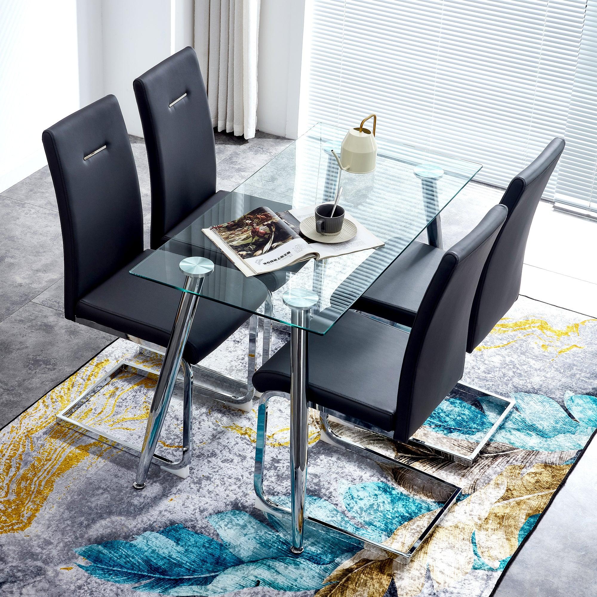 Glass Dining Table, Dining Chair set, 4 Black  Dining Chairs and 1 Dining Table .Table Size 51" W x 31"D x 30" H