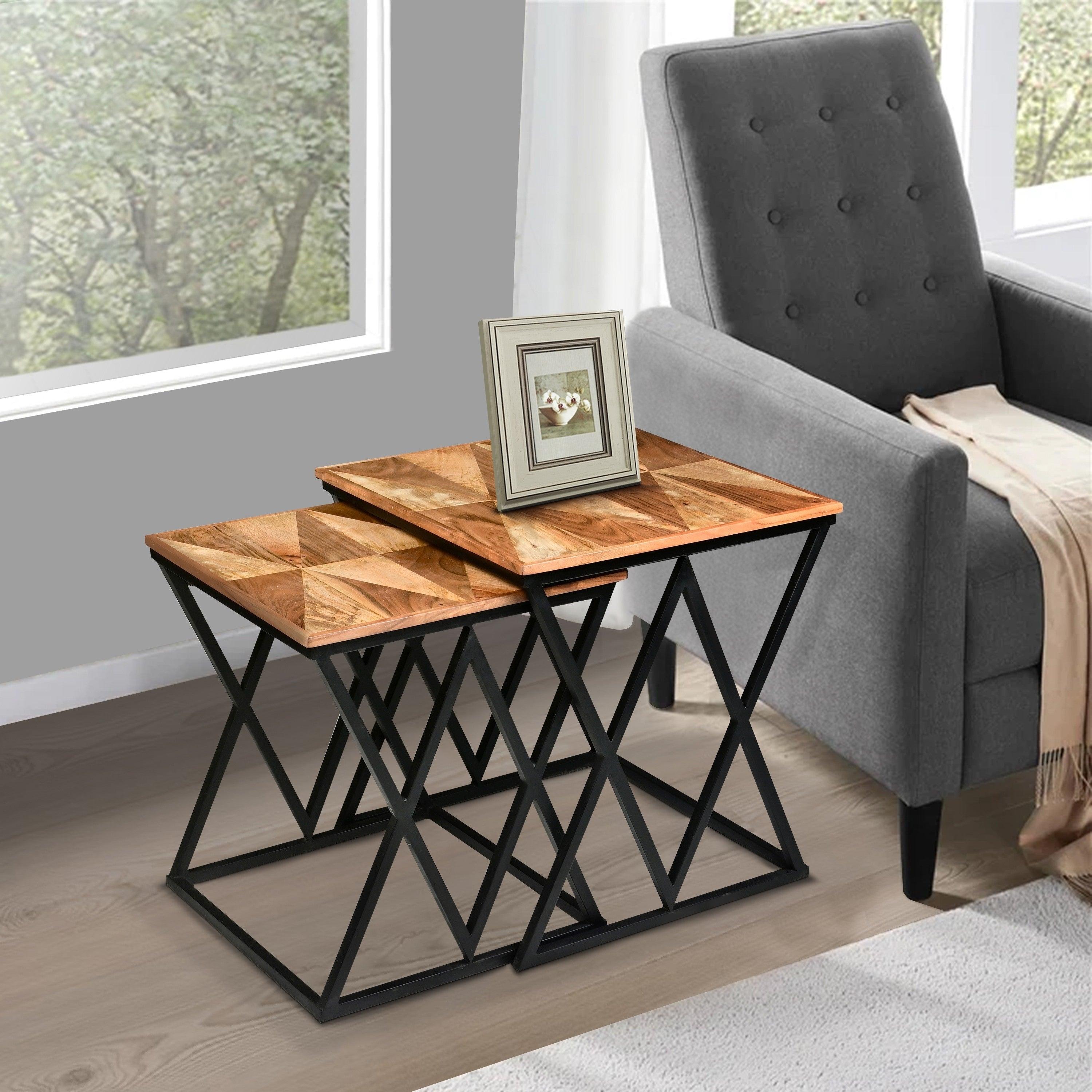 Madeline 25, 23 Inch Square 2 Piece Nesting End Table Set, Wood Top, Iron Frame, Brown and Black