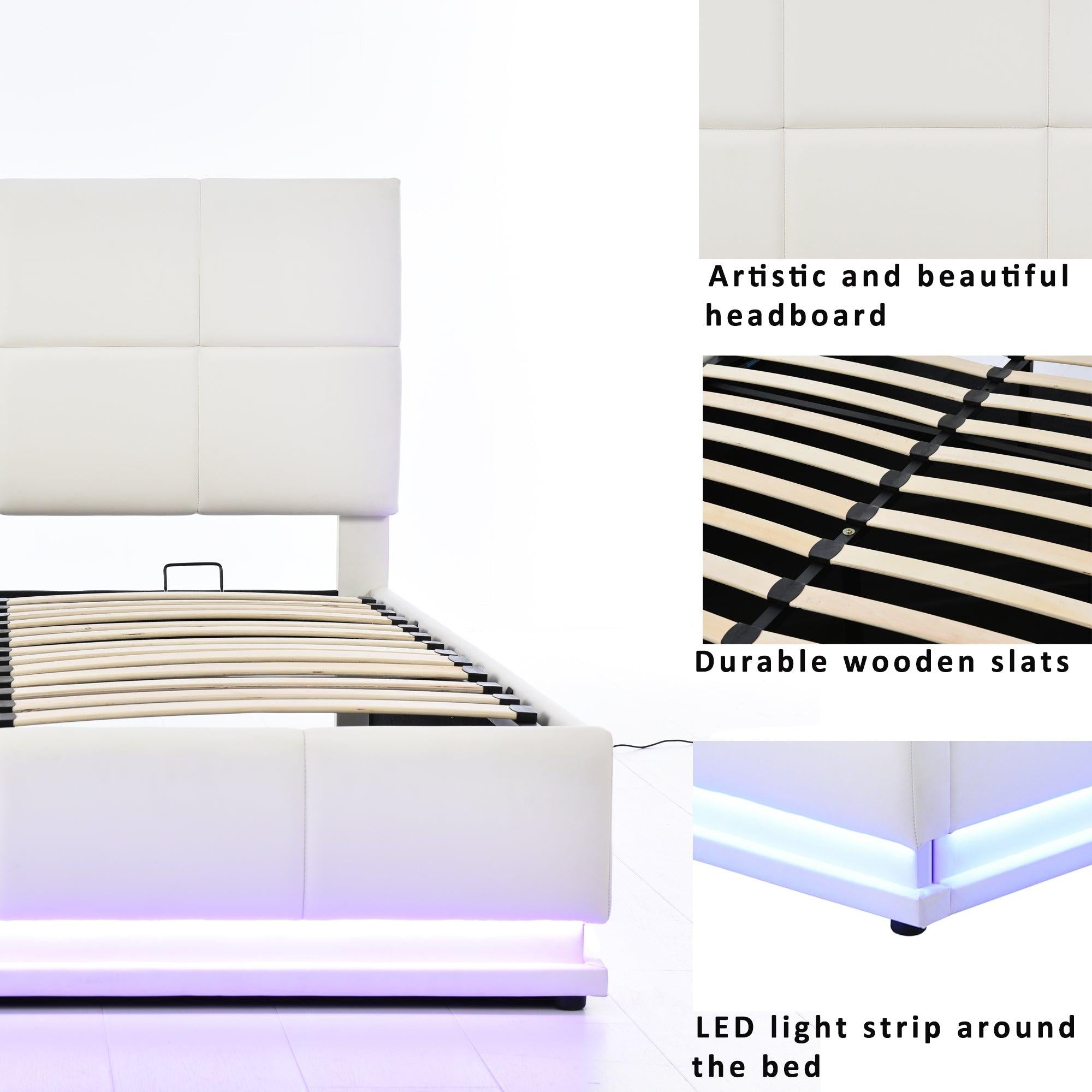 Tufted Upholstered Platform Bed with HydraulicStorage System,Queen Size PUStorage Bed with LED Lights and USB charger, White