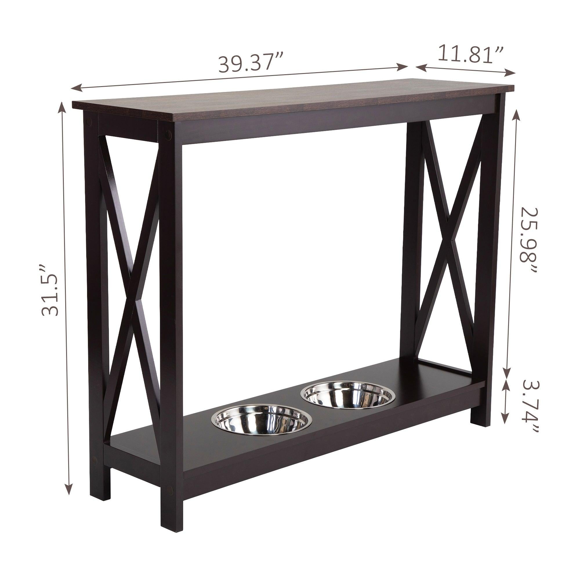 31.5"HModern Console Table with Dog Bowls, X Frame Narrow Sofa Table, Cat Feeding Station for Living Room Entry, Nut Brown and Black