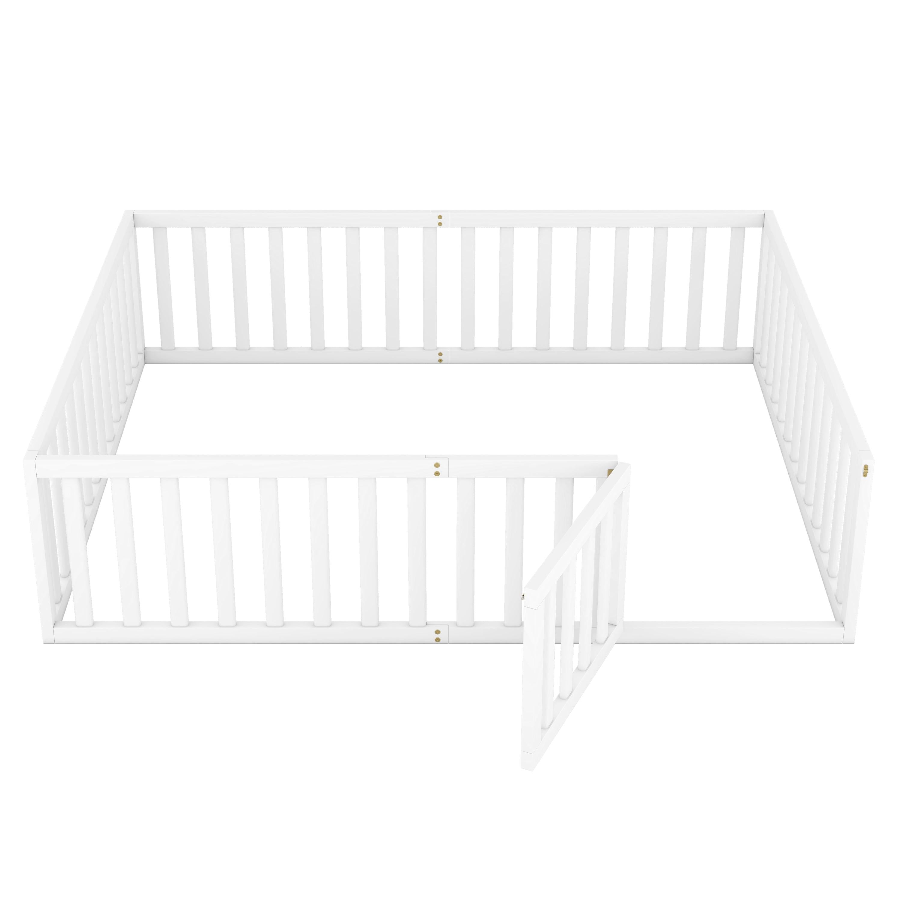 Queen  Size Wood Floor Bed Frame with Fence and Door, White