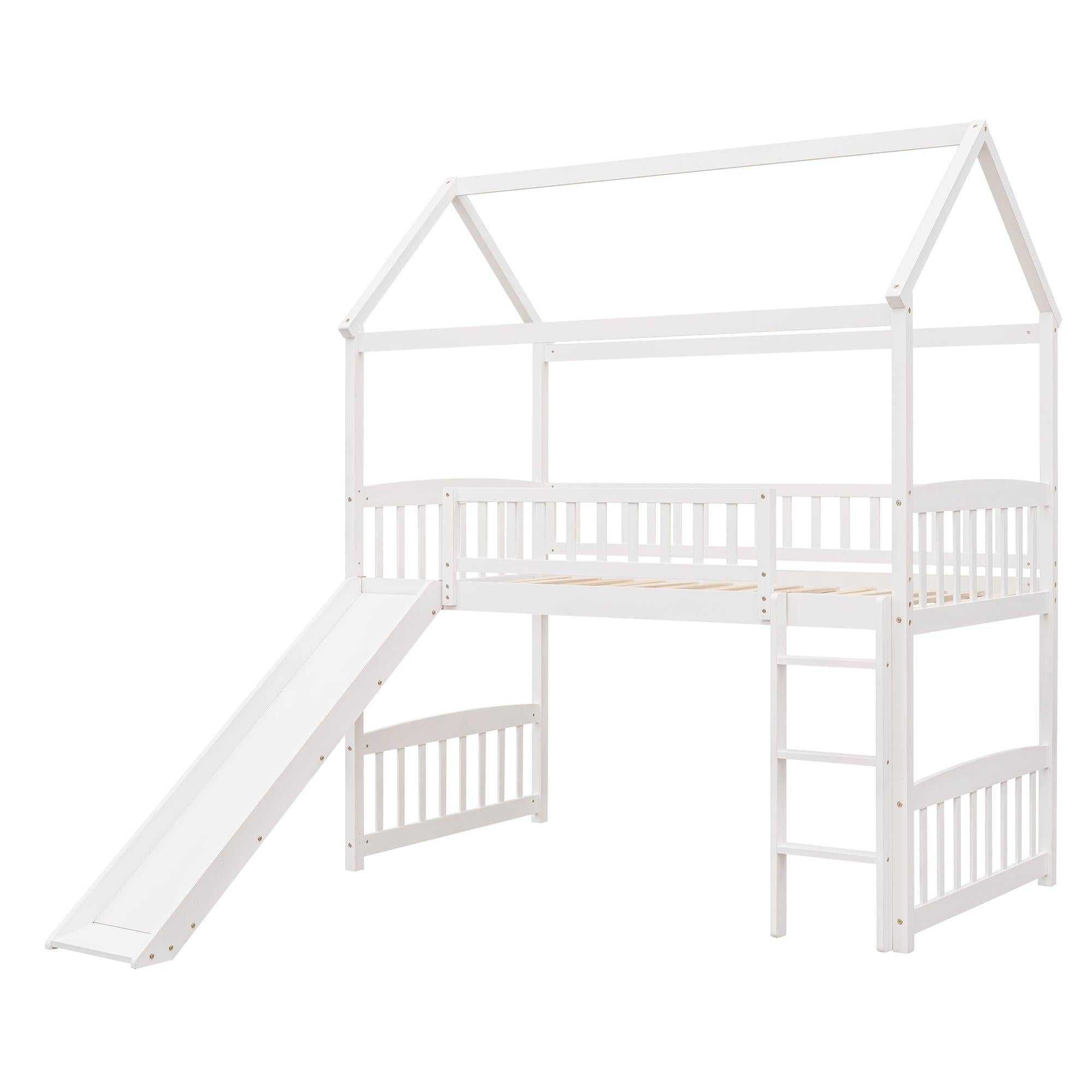 Twin Loft Bed with Slide, House Bed with Slide,White