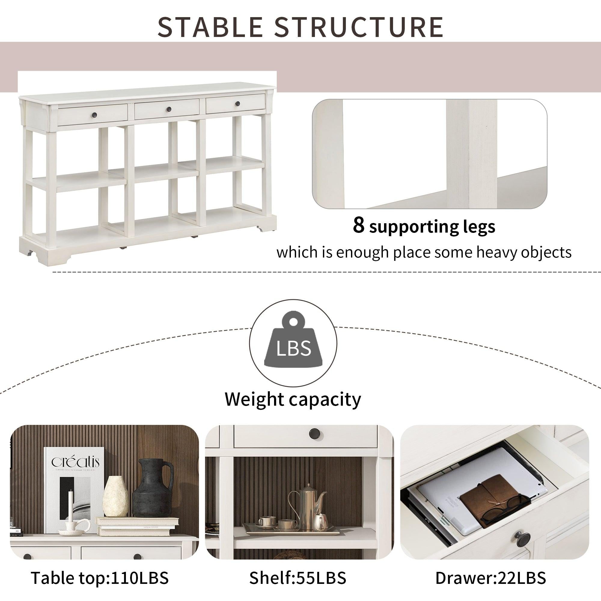 Retro Console Table/Sideboard with AmpleStorage, Open Shelves and Drawers for Living Room (Antique White)