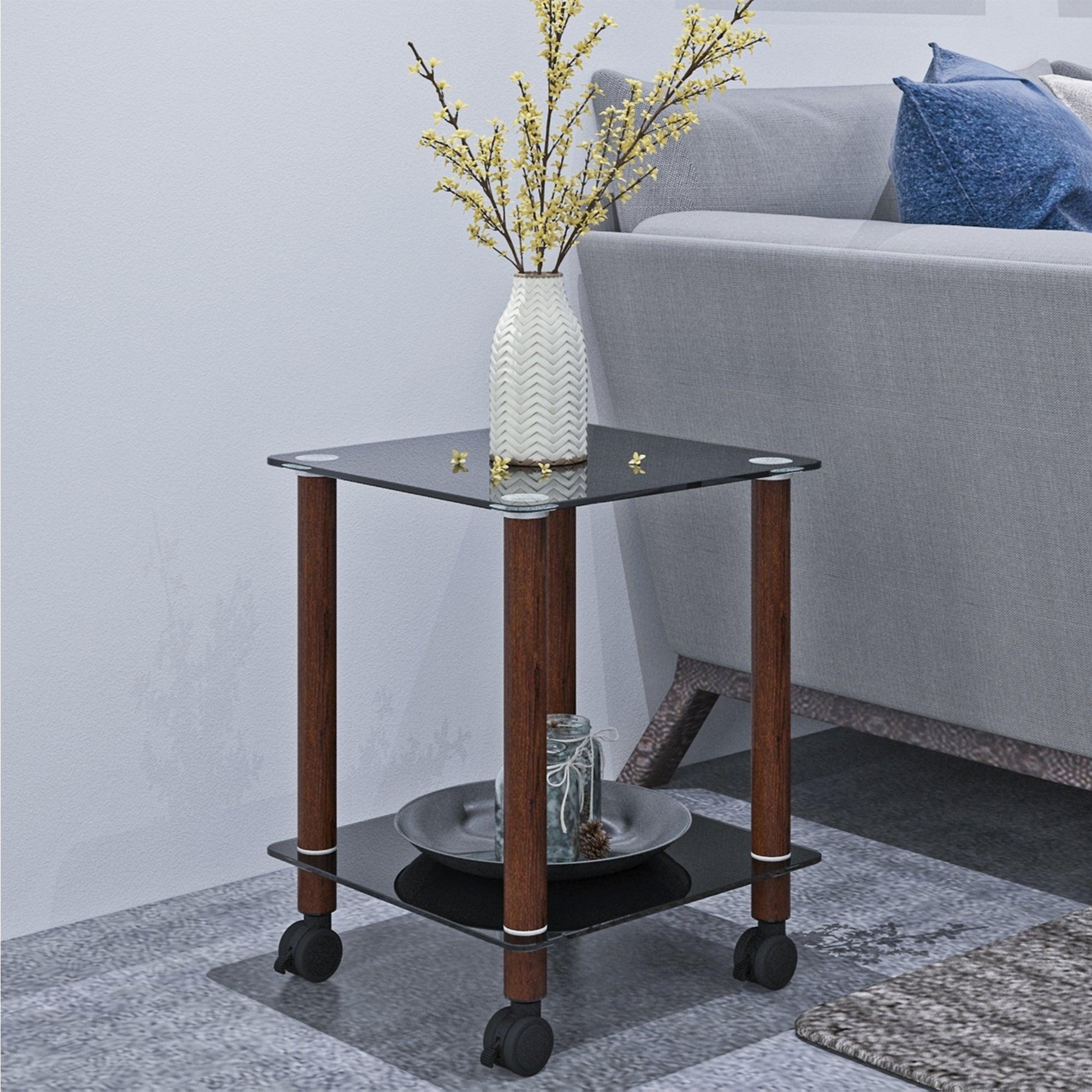 1-Piece Black + Walnut Side Table , 2-Tier Space End Table ,Modern Night Stand, Sofa table, Side Table withStorage Shelve