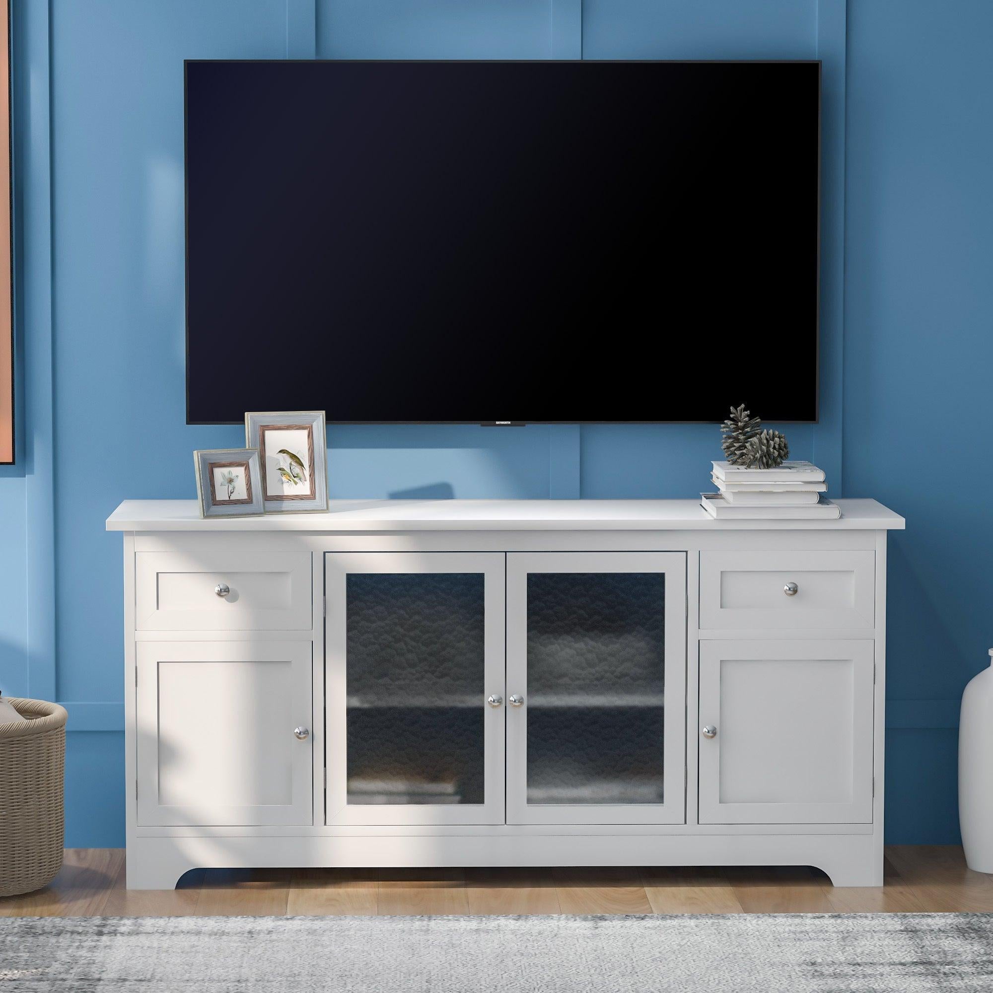 TV Stand for TV up to 65in with 4 Doors Adjustable Panels Open Style Cabinet, Sideboard for Living room, White