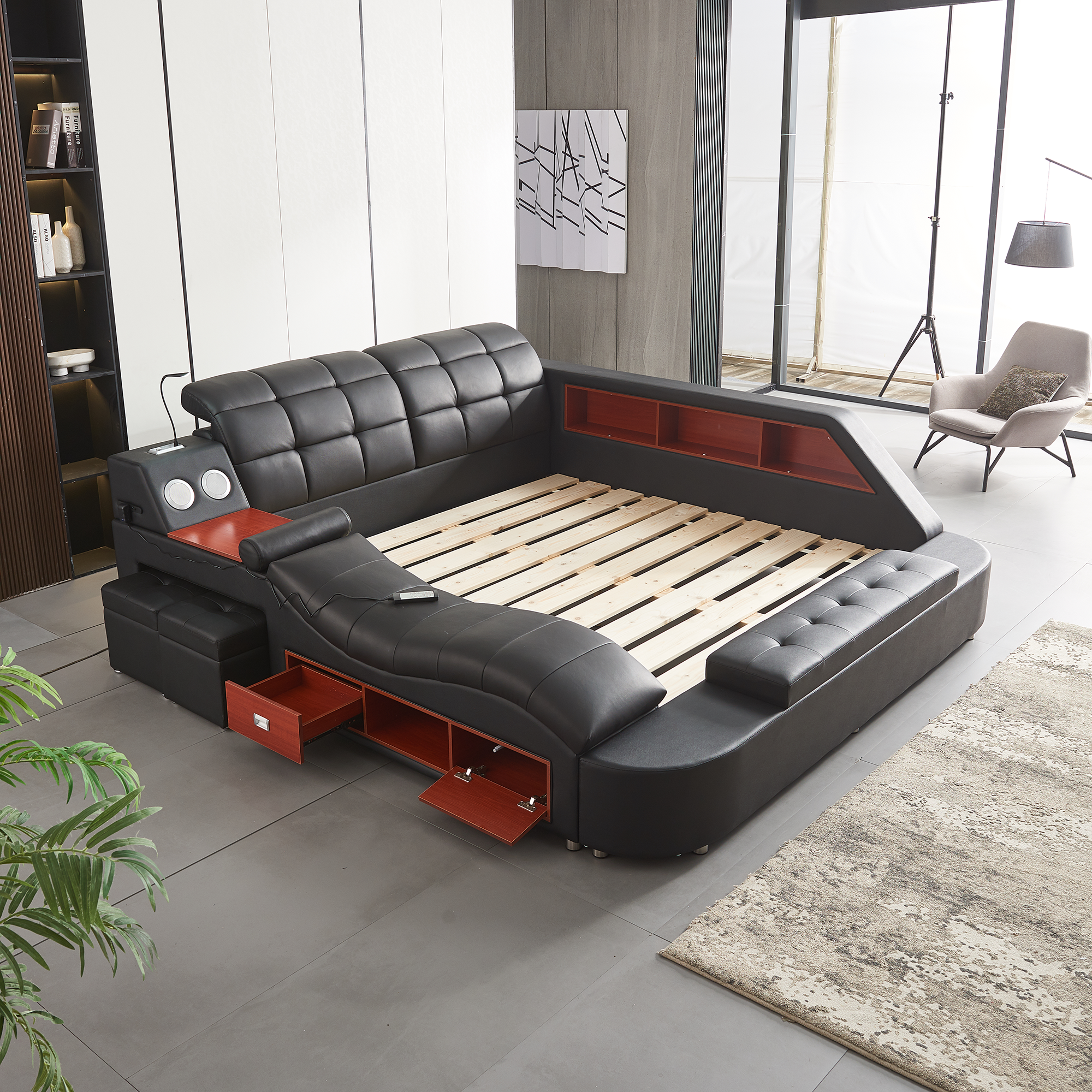 Multifunctional UpholsteredStorage Bed Frame, Massage Chaise Lounge on Right ,King Size, Black