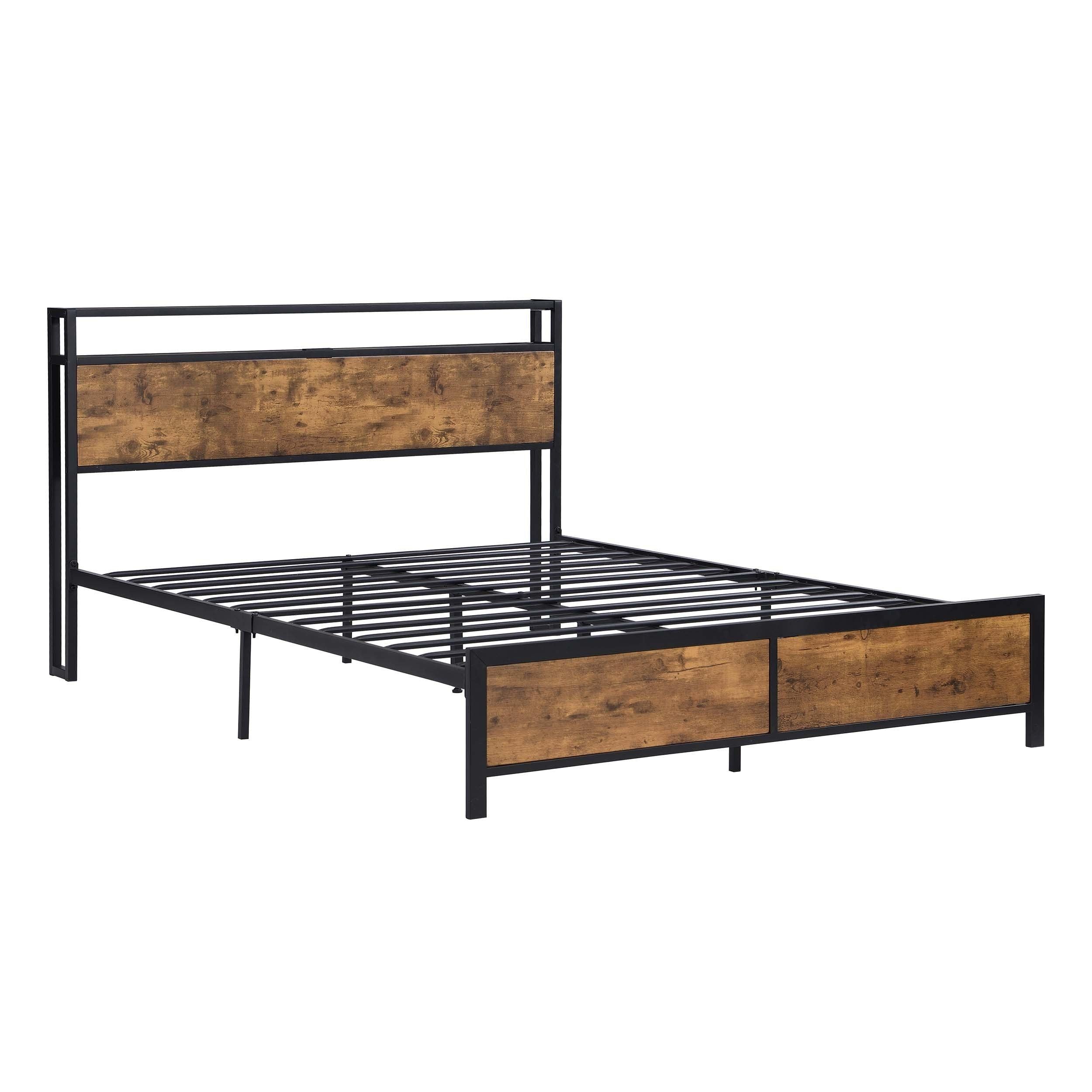 Industrial Full Bed Frame with LED Lights and 2 USB Ports, Bed Frame Full Size withStorage, Noise Free, No Box Spring Needed, Rustic Brown