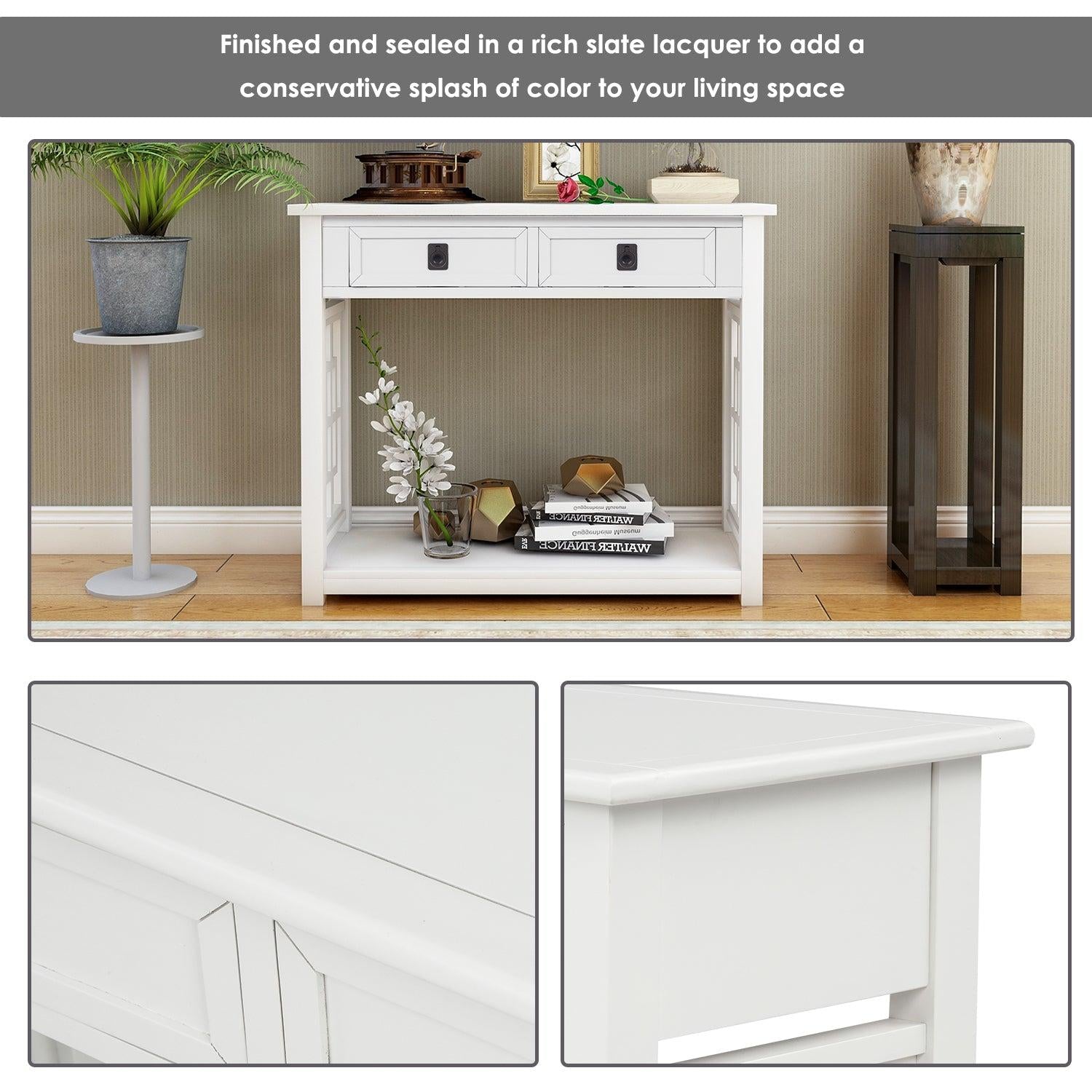 Console Table with 2 Drawers and Bottom Shelf, Entryway Accent Sofa Table (White)