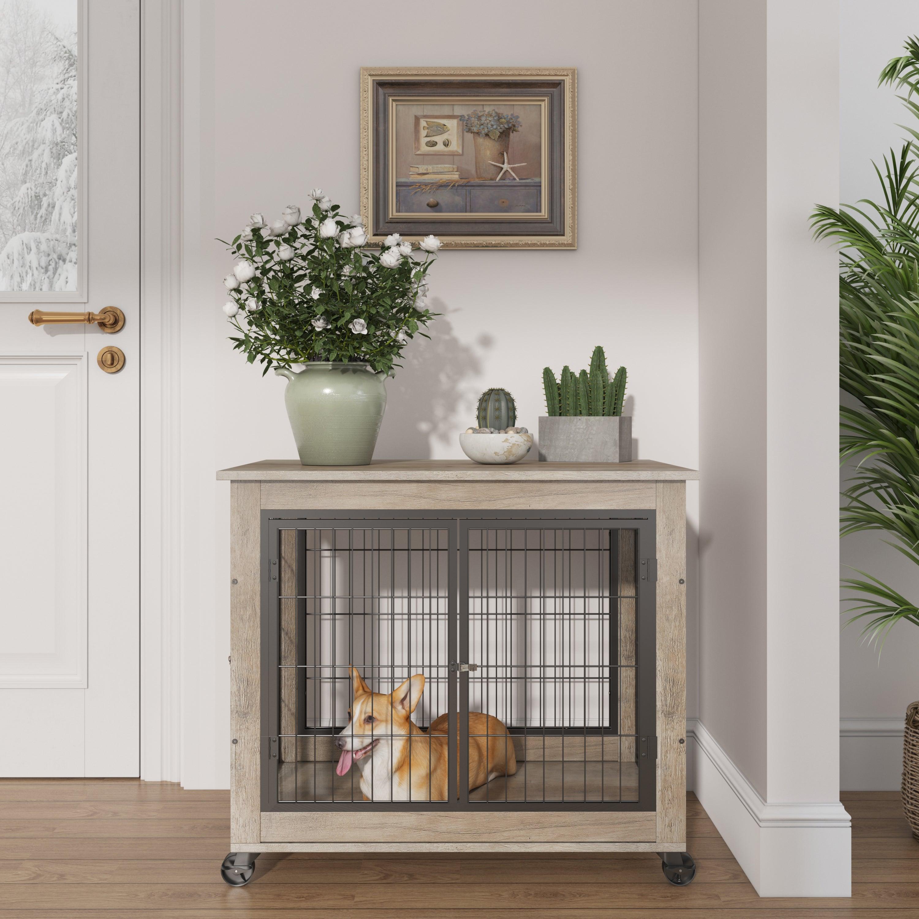 Furniture Style Dog Crate Side Table on Wheels with Double Doors and Lift Top. （Grey,31.50’’W*22.05’’D*25’’H）