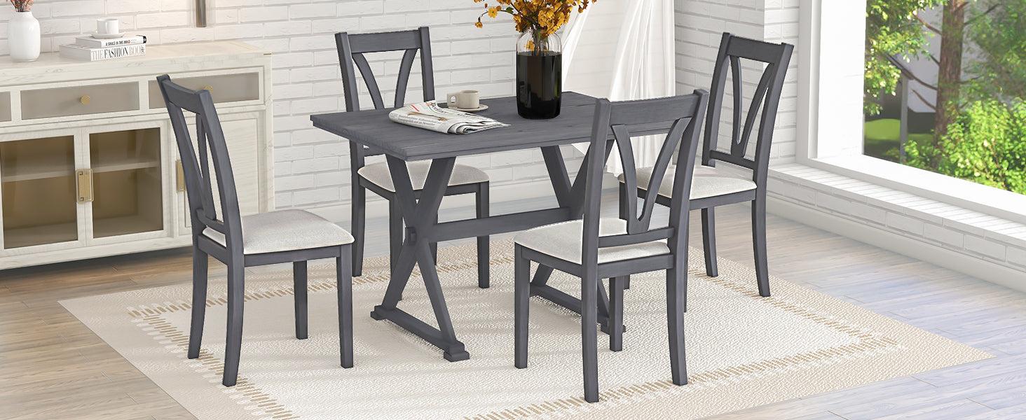 Mid-Century Wood 5-Piece Dining Table Set with 4 Upholstered Dining Chairs for Small Places, Antique Grey