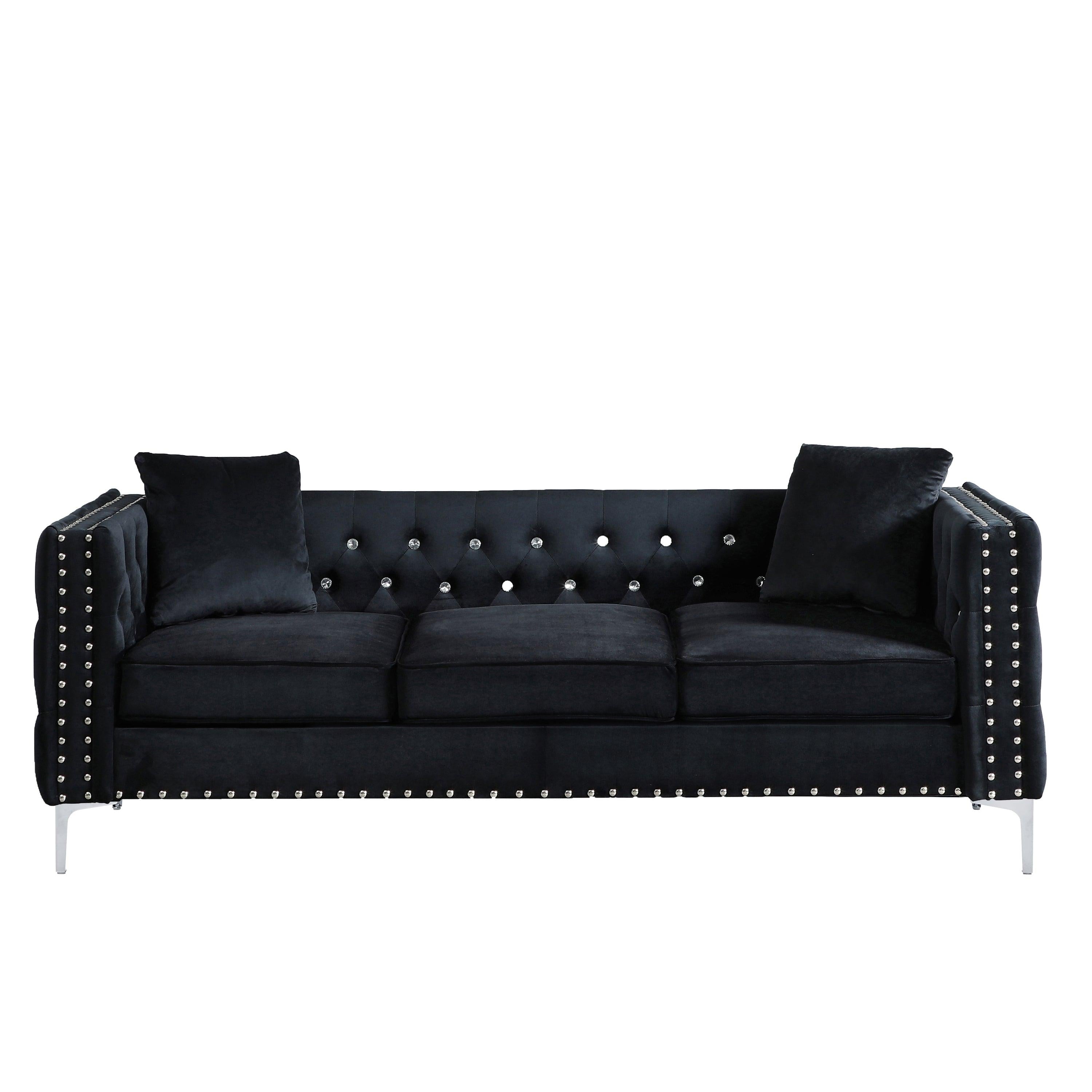 82.3" WidthModern Velvet Sofa Jeweled Buttons Tufted Square Arm Couch Black,2 Pillows Included