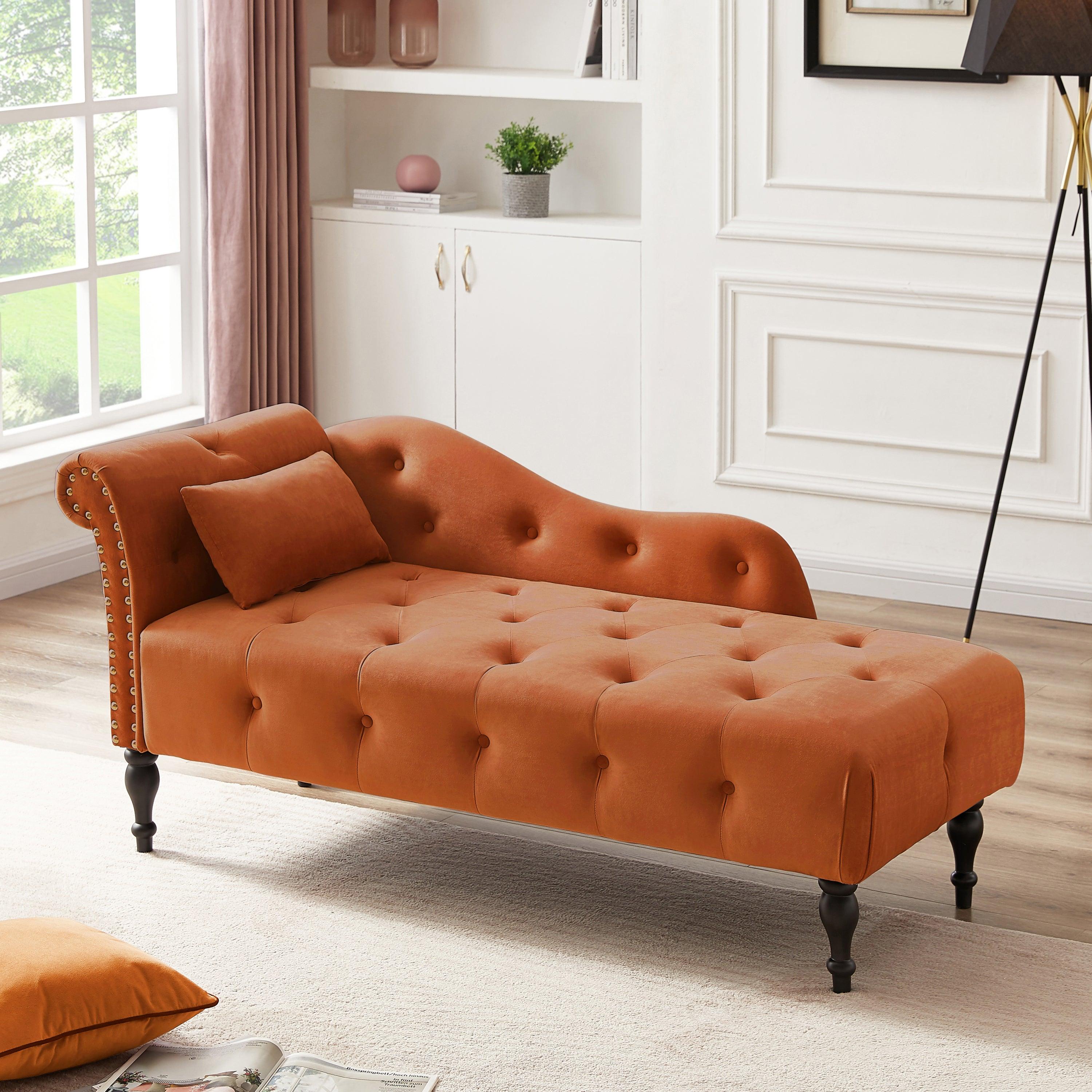 60.6" Velvet Chaise Lounge Buttons Tufted Nailhead Trimmed Solid Wood Legs with 1 Pillow,Orange  (Left Arm Design as Shown in the Picture) image