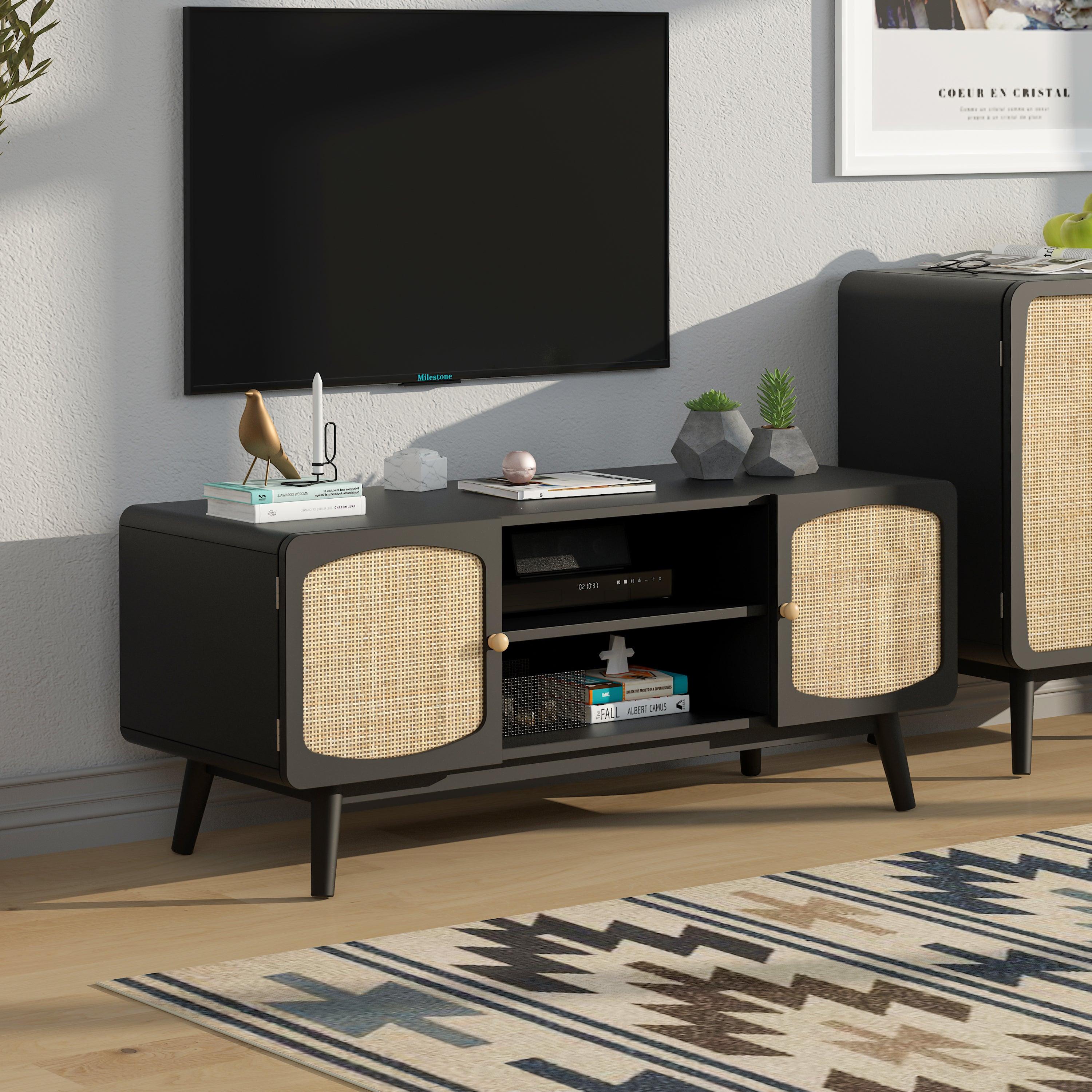 Black TV Console with Rattan Door, Boho TV Stand for Bedroom, Living Room