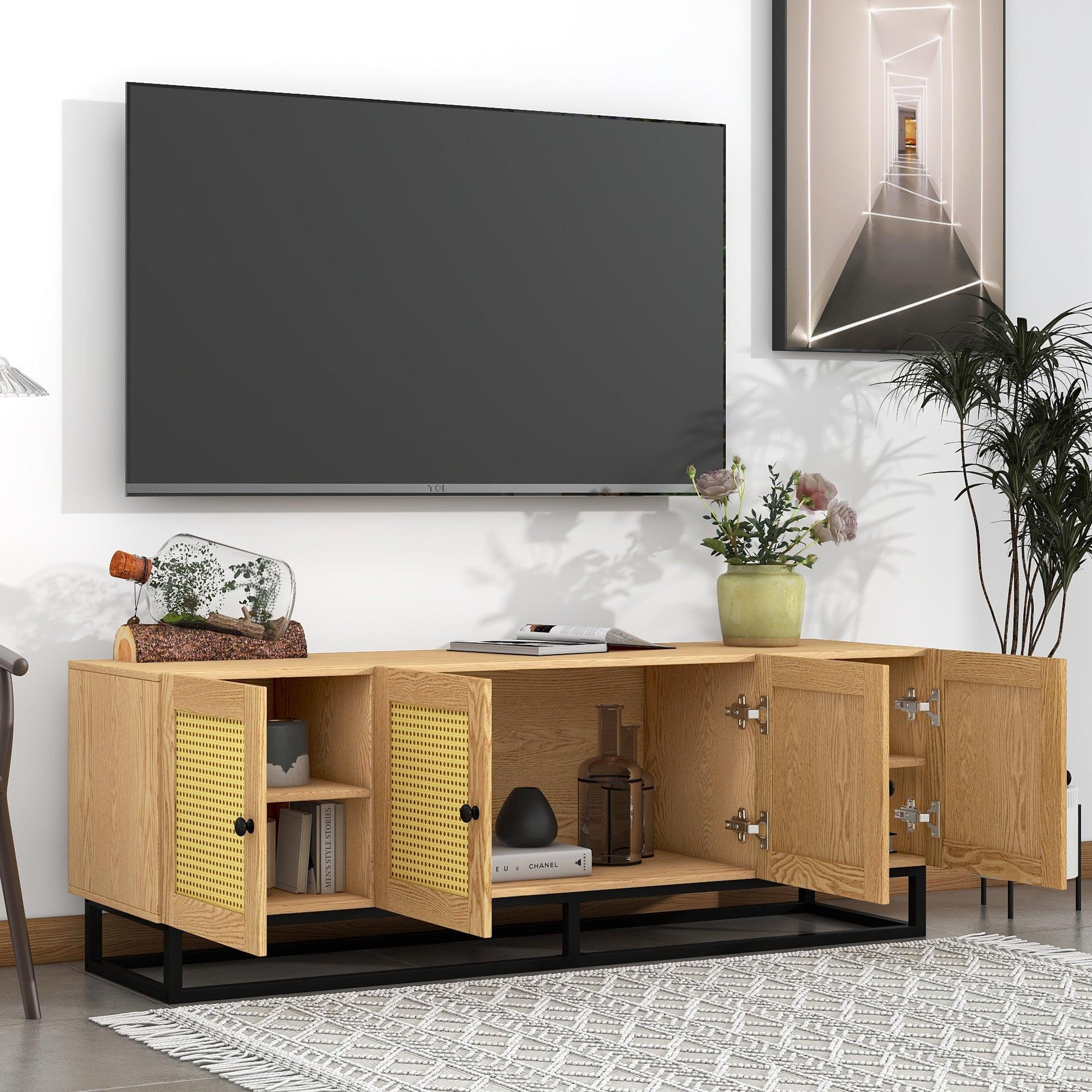 TV Stand Entertainment Cabinet with 4 Textured Rattan Doors and 2 Adjustable Panels, Wooden Farmhouse TV Console Table for TVs up to 65inches , Light Brown