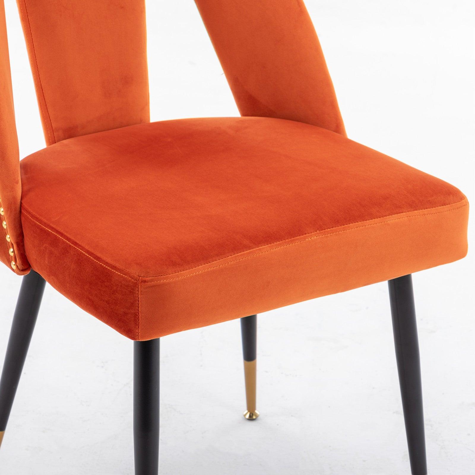 Akoya CollectionModern | Contemporary Velvet Upholstered Dining Chair with Nailheads and Gold Tipped Black Metal Legs, Orange，Set of 2