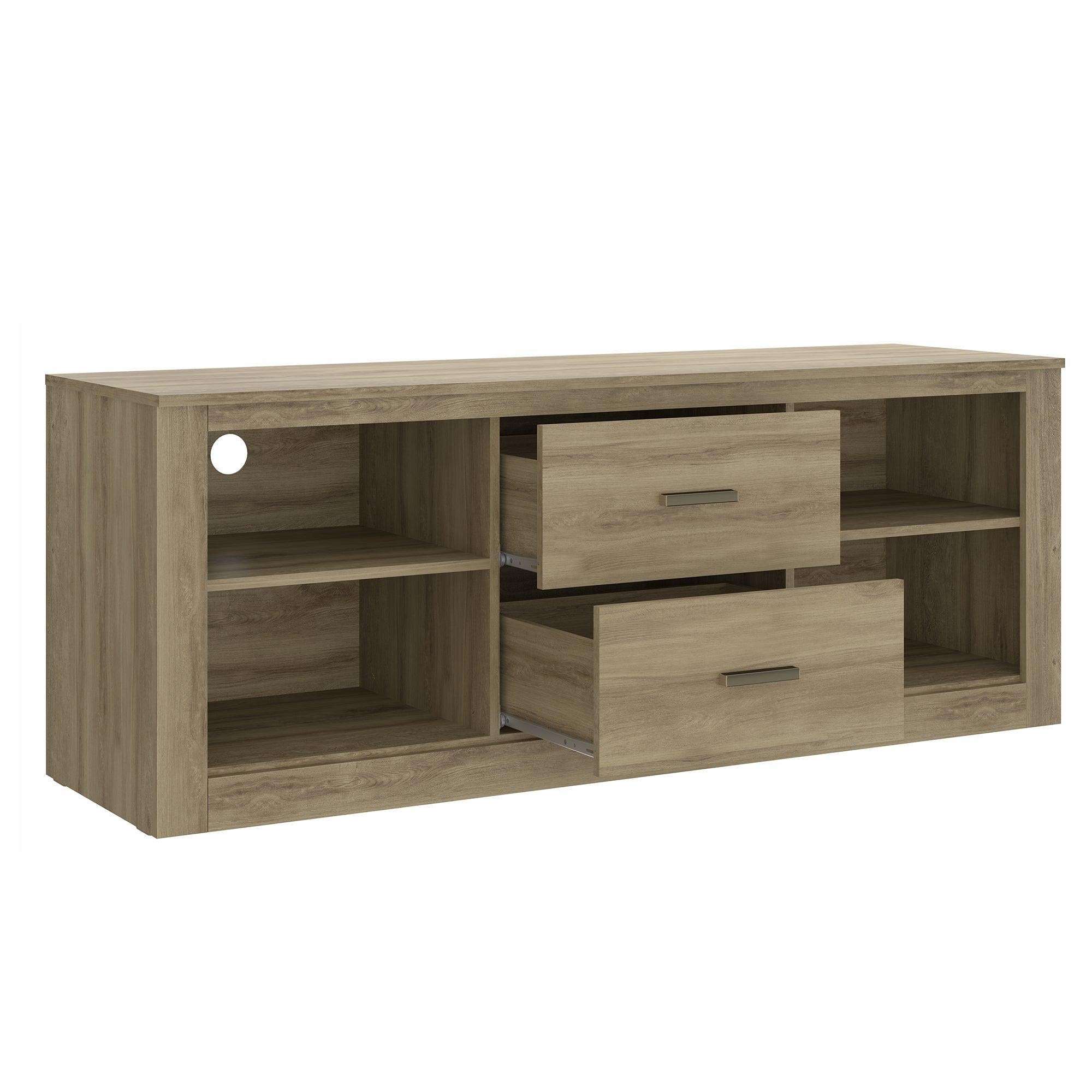 59 Inch Wooden TV Stand with 2 Drawers and 4 Open Compartments, Oak Brown