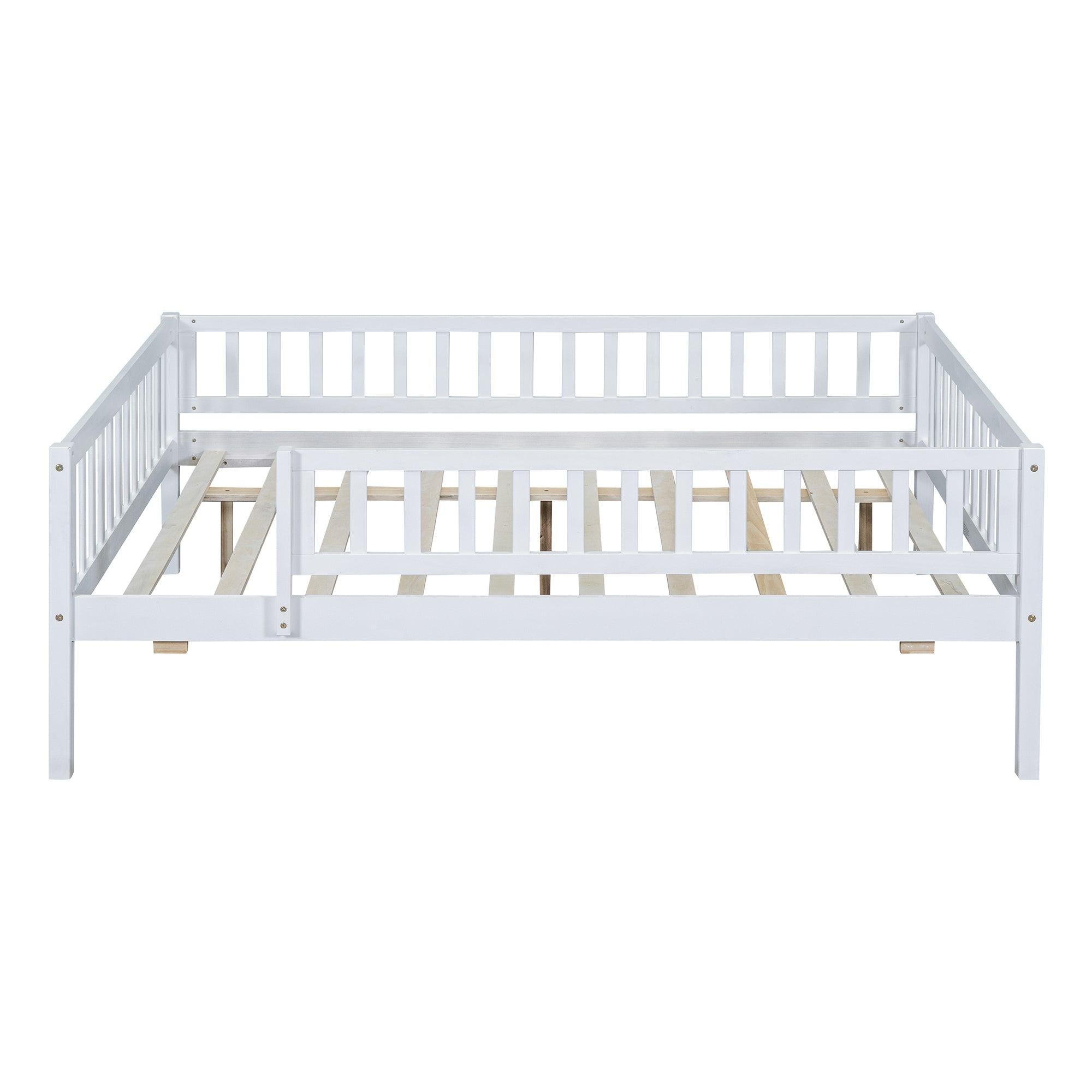 Full Size Wood Daybed with Trundle and Fence Guardrails, White