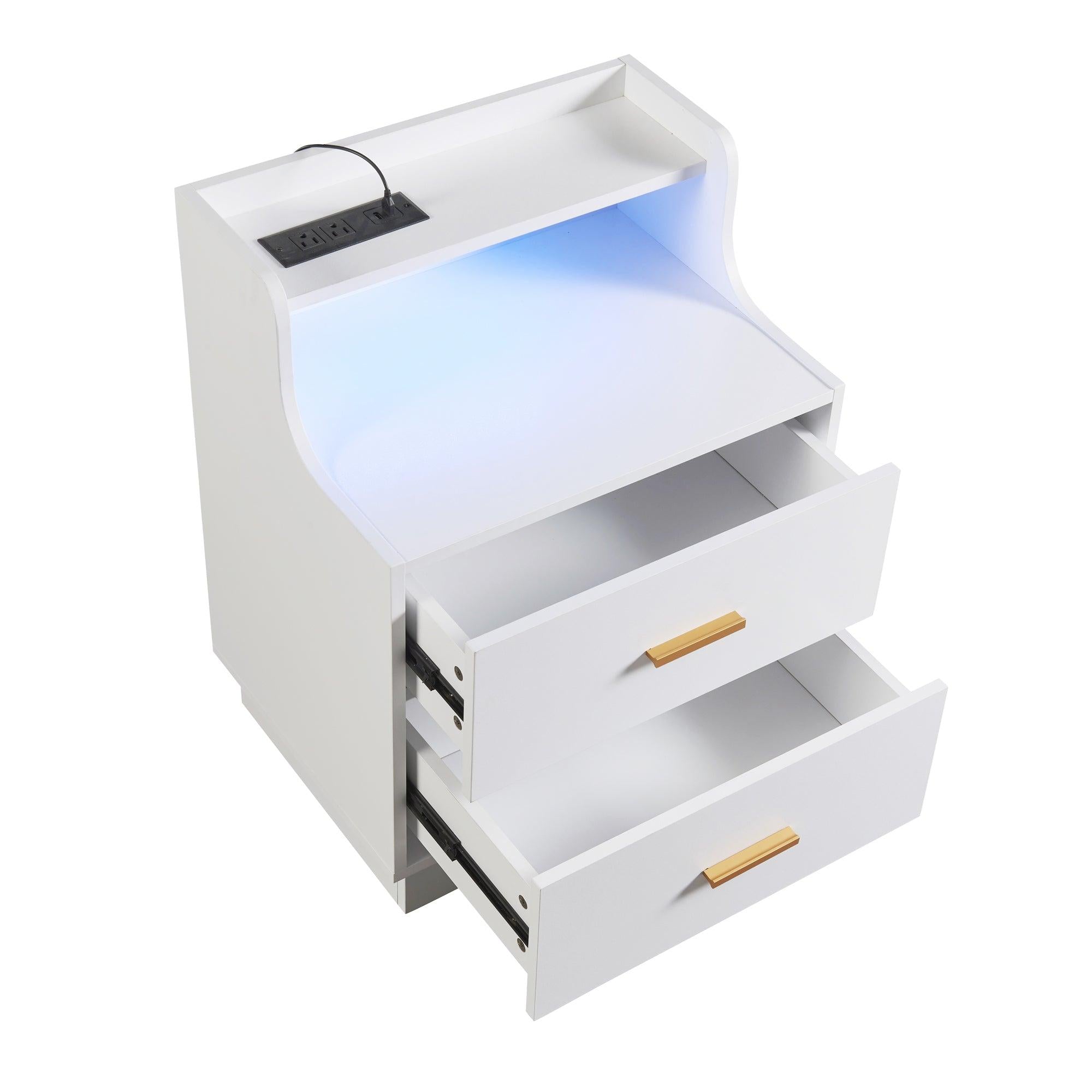 Multifunctional Nightstand with 2 Drawers, Shelf with USB Charging Design and Color-Changing LED, White