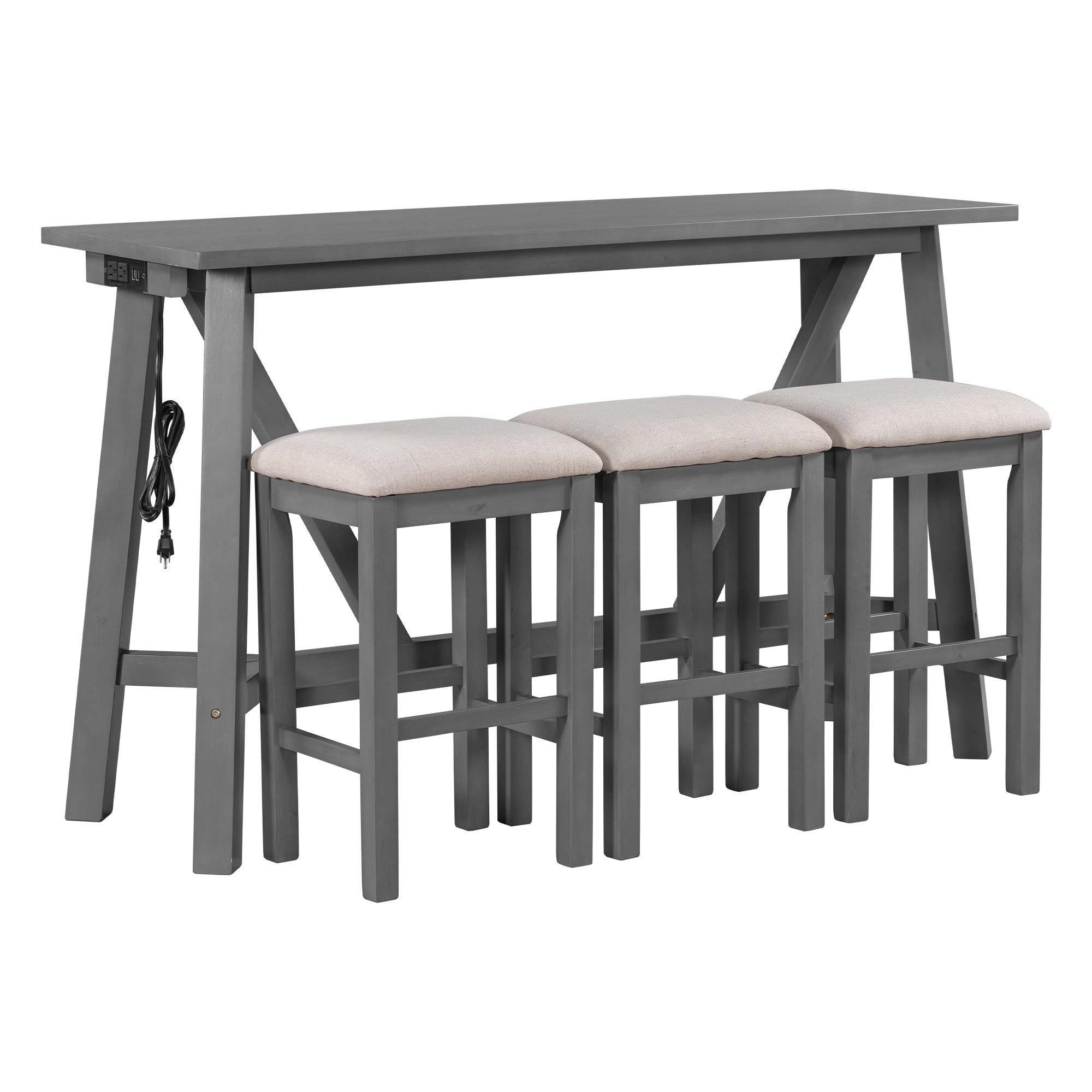 Multipurpose Home Kitchen Dining Bar Table Set with 3 Upholstered Stools(Gray)