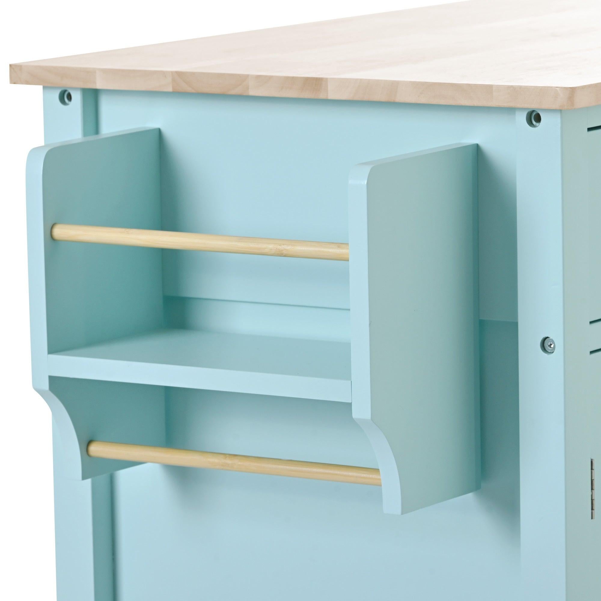 Kitchen Island Cart with 4 Door Cabinet and Two Drawers and 2 Locking Wheels - Solid Wood Top, Adjustable Shelves, Spice & Towel Rack（Mint Green）