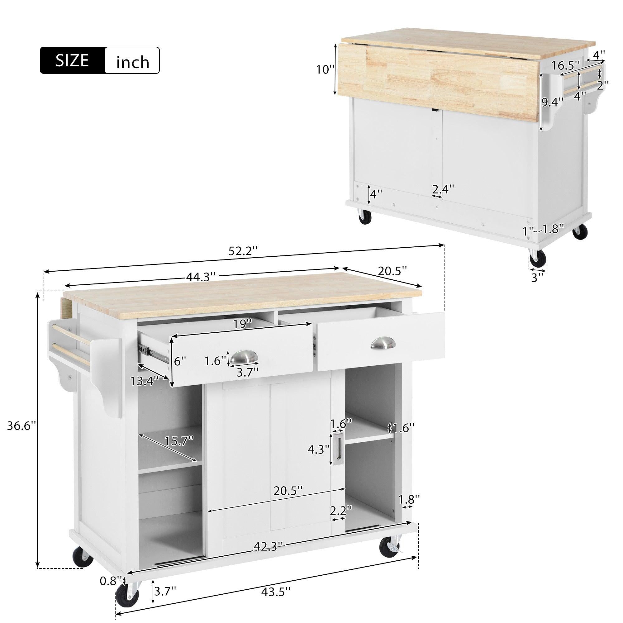 Kitchen Cart with Rubber wood Drop-Leaf Countertop, Concealed sliding barn door adjustable height,Kitchen Island on 4 Wheels withStorage Cabinet and 2 Drawers,L52.2xW30.5xH36.6 inch, White