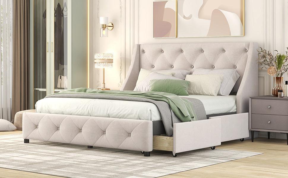 Upholstered Platform Bed with Wingback Tufted Headboard and 4 Drawers, No Box Spring Needed, Linen Fabric, Queen Size Beige