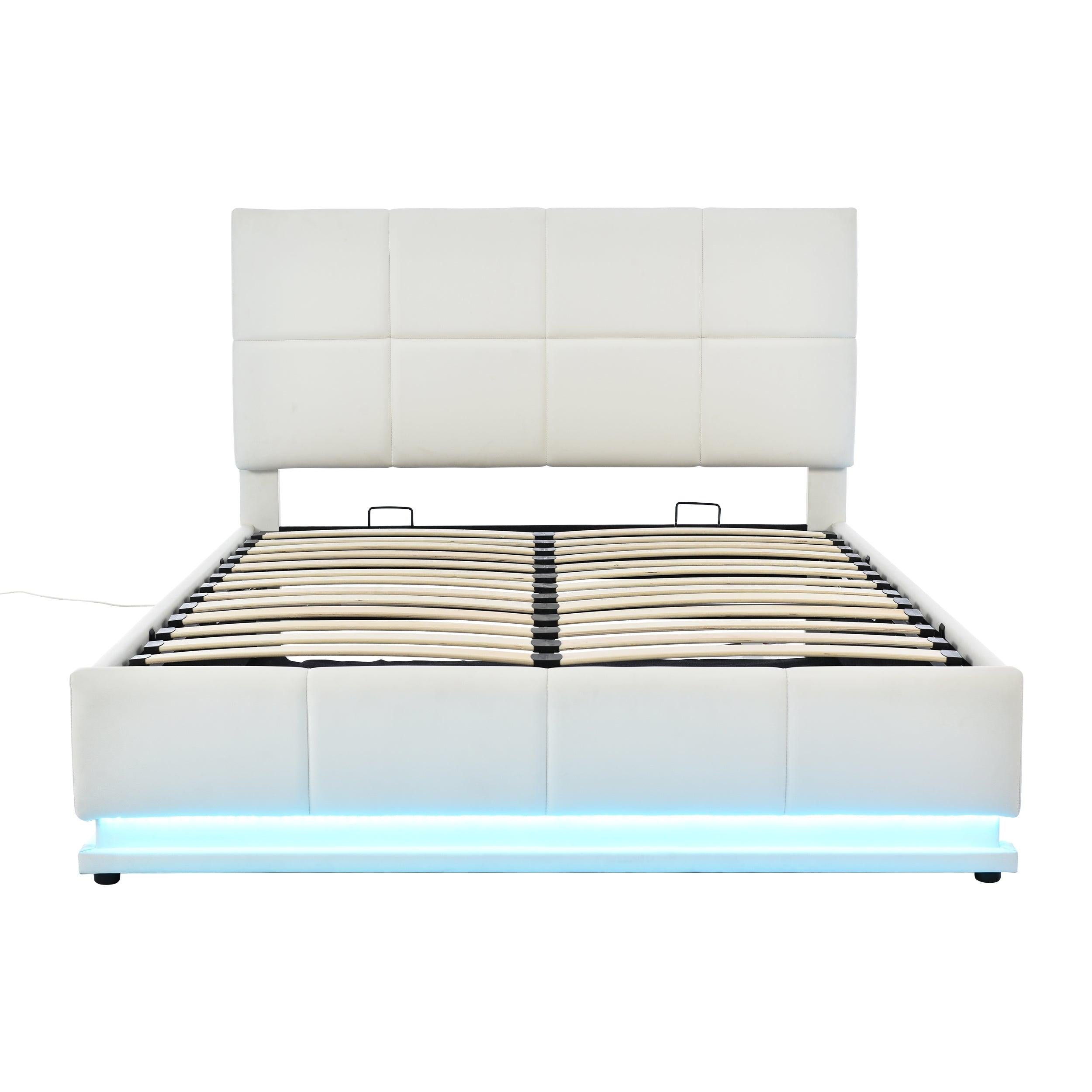 Tufted Upholstered Platform Bed with HydraulicStorage System,Queen Size PUStorage Bed with LED Lights and USB charger, White