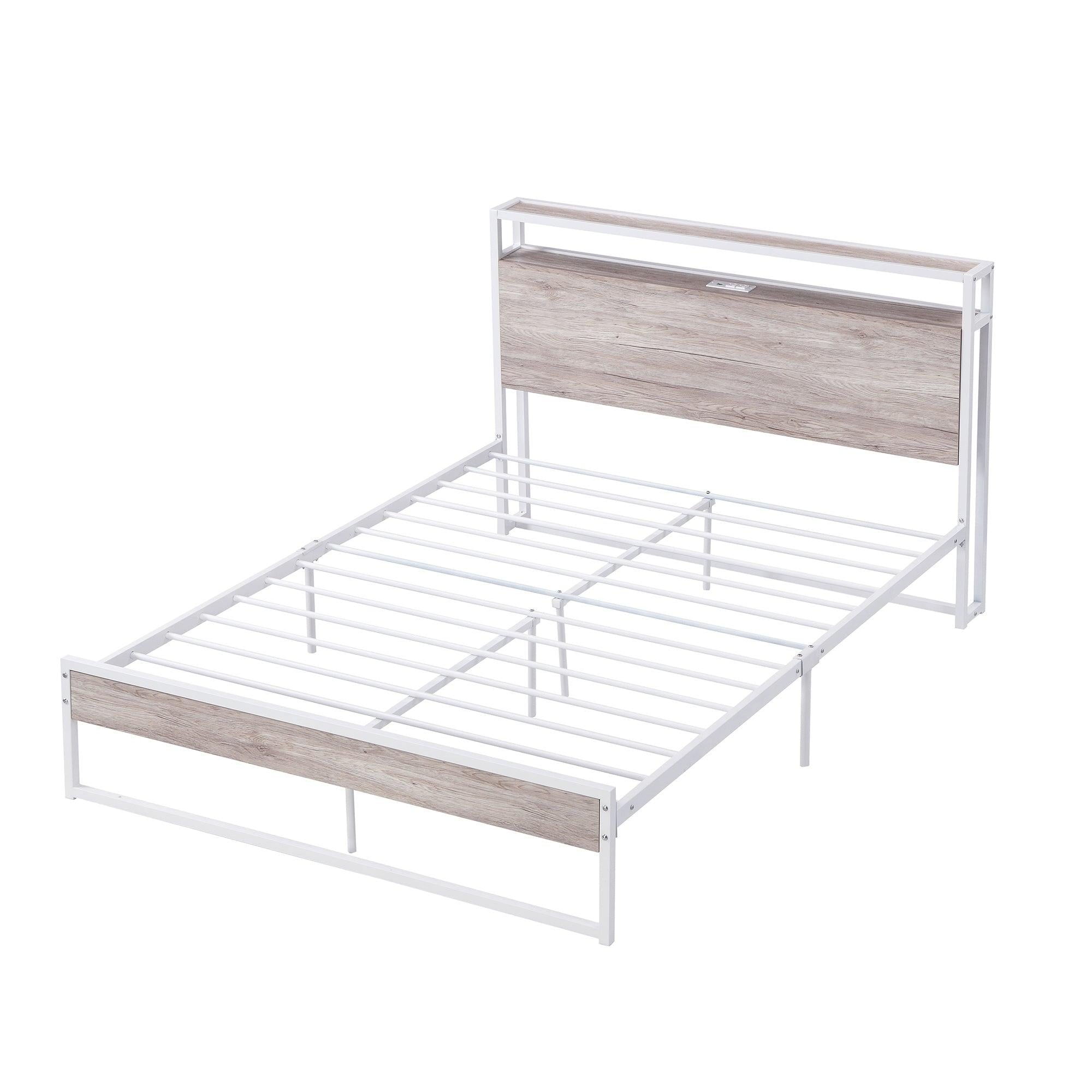 Full Size Metal Platform Bed Frame with Sockets, USB Ports and Slat Support ,No Box Spring Needed White